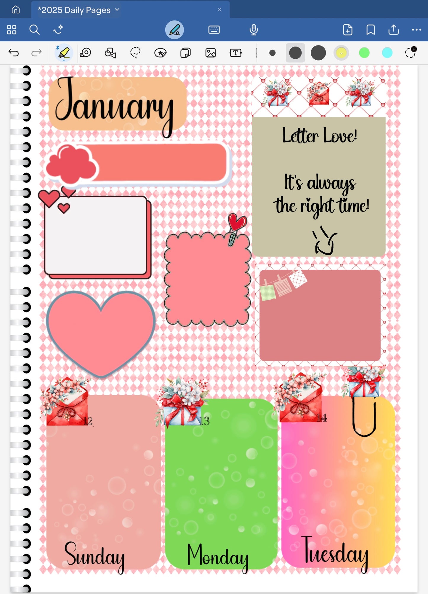 Goodnotes digital planner spread with letter love date dots, paper clips and coordinating stickers.