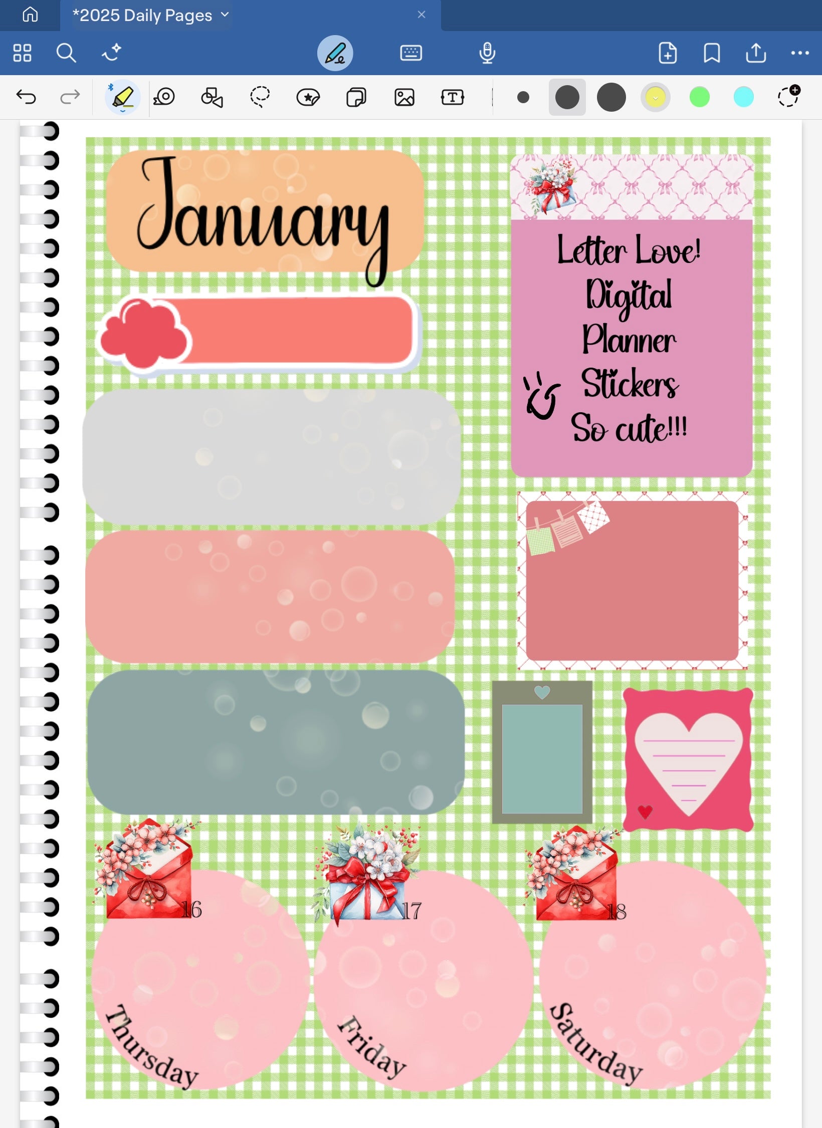 Goodnotes digital planner spread sing letter love date dots and all coordinating digital stickers from the Letter Love Bundle.