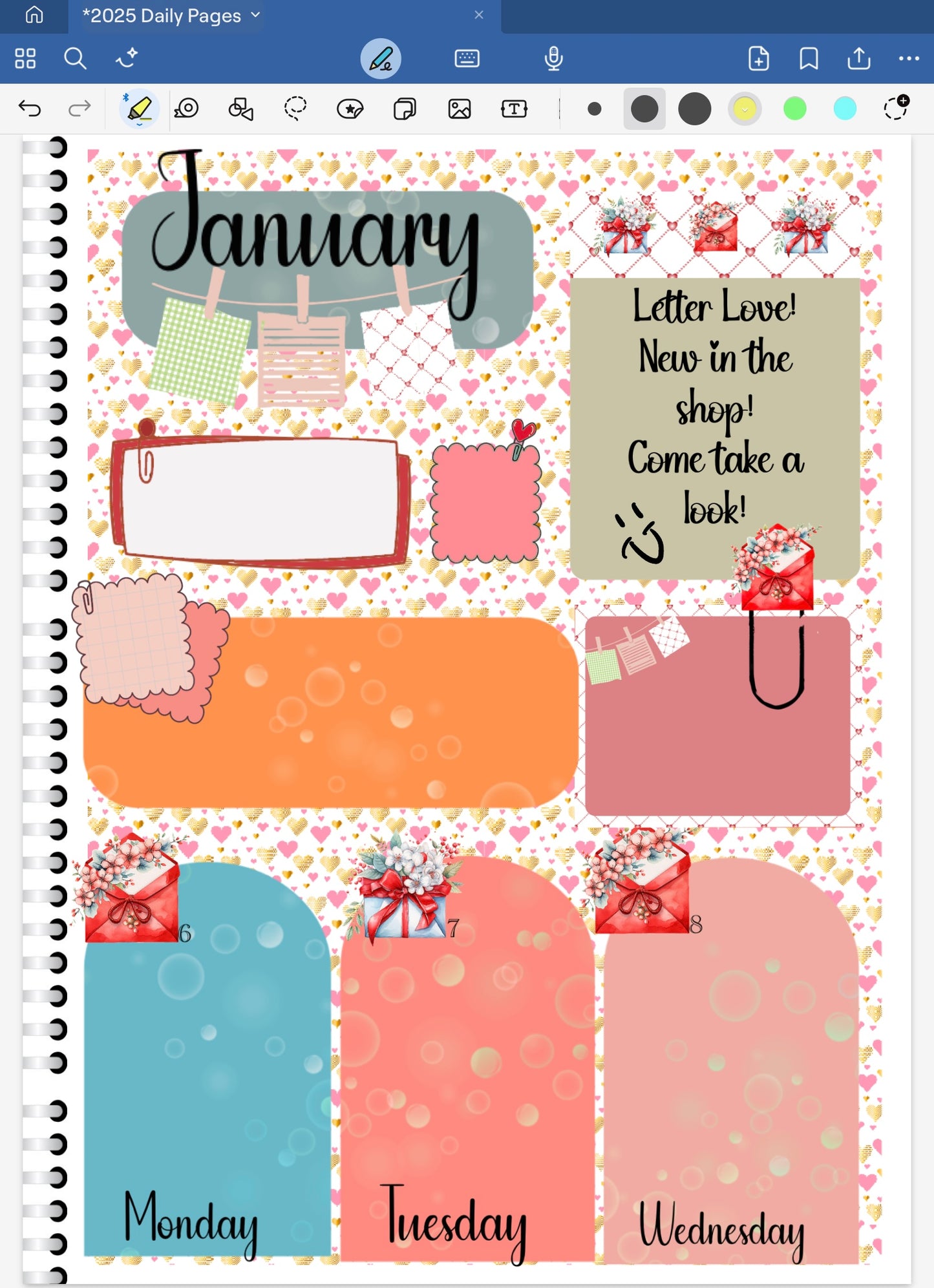 Goodnotes digital ploanner spread using letter love date dots, coordinating digital stickers and patterned digitalpaper.