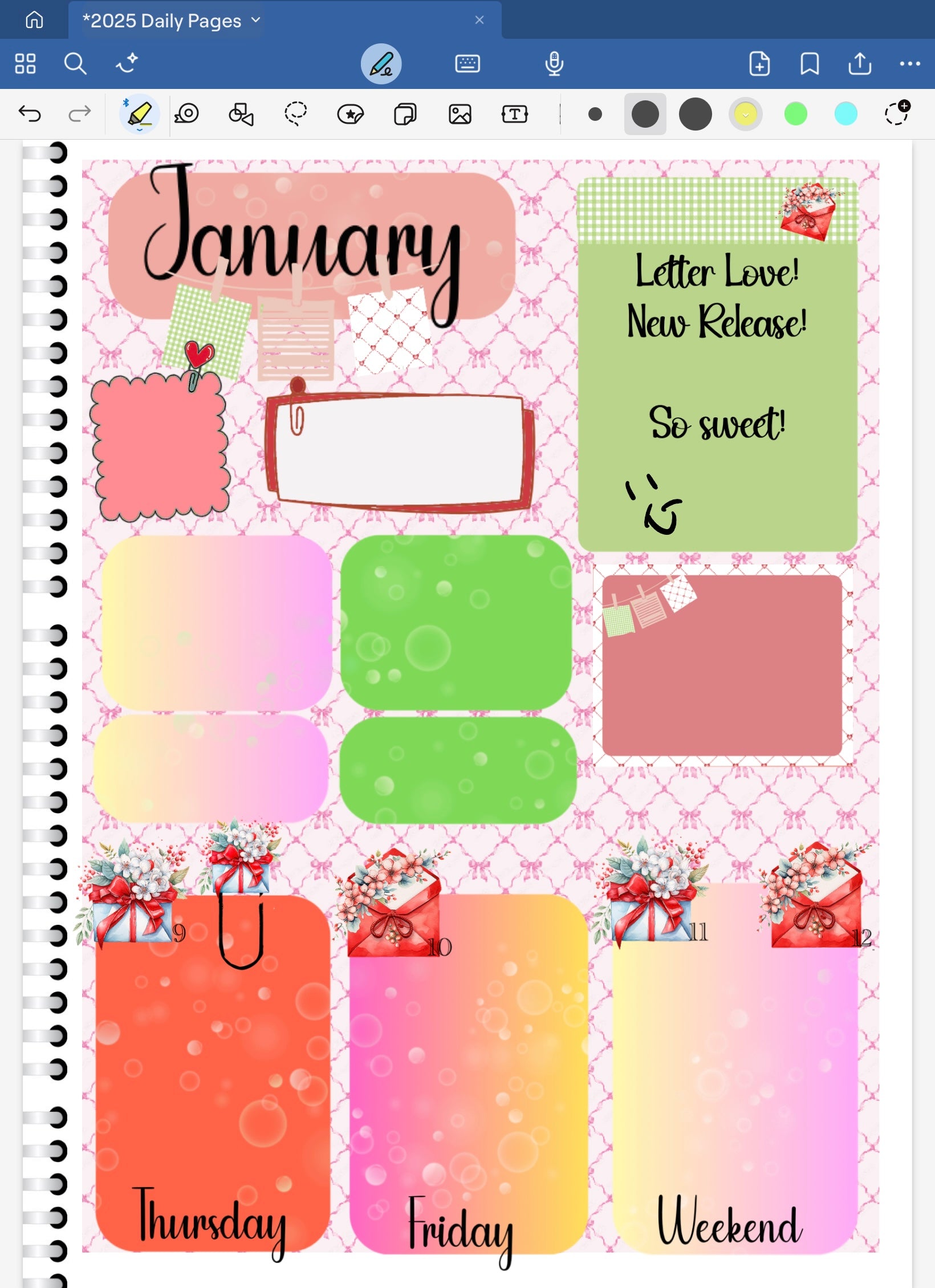 Goodnotes digittal planner spread using letter love date dots, soordinating stickers from the bundle and patterned papers. 