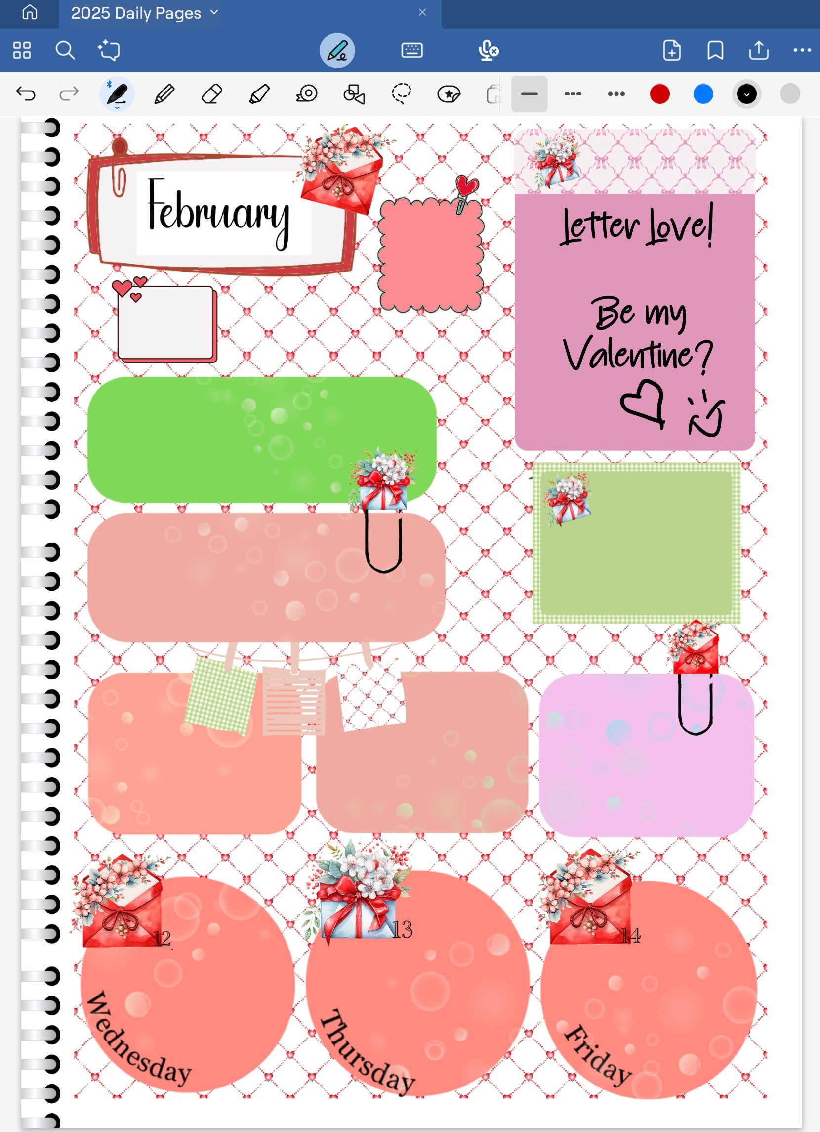 Goodnotes digital planner spread using letter love date dots, coordinating digital stickers and patterned paper from the bundle.