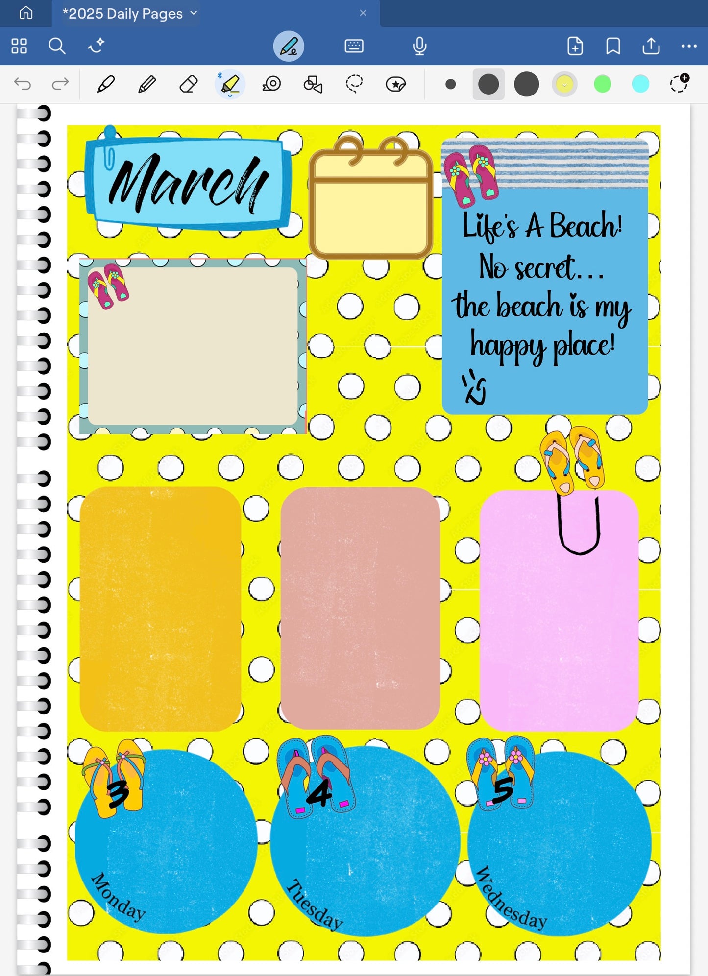 Goodnotes digital planner spread using life's a beach digital stickers and date dots all from the one bundle.