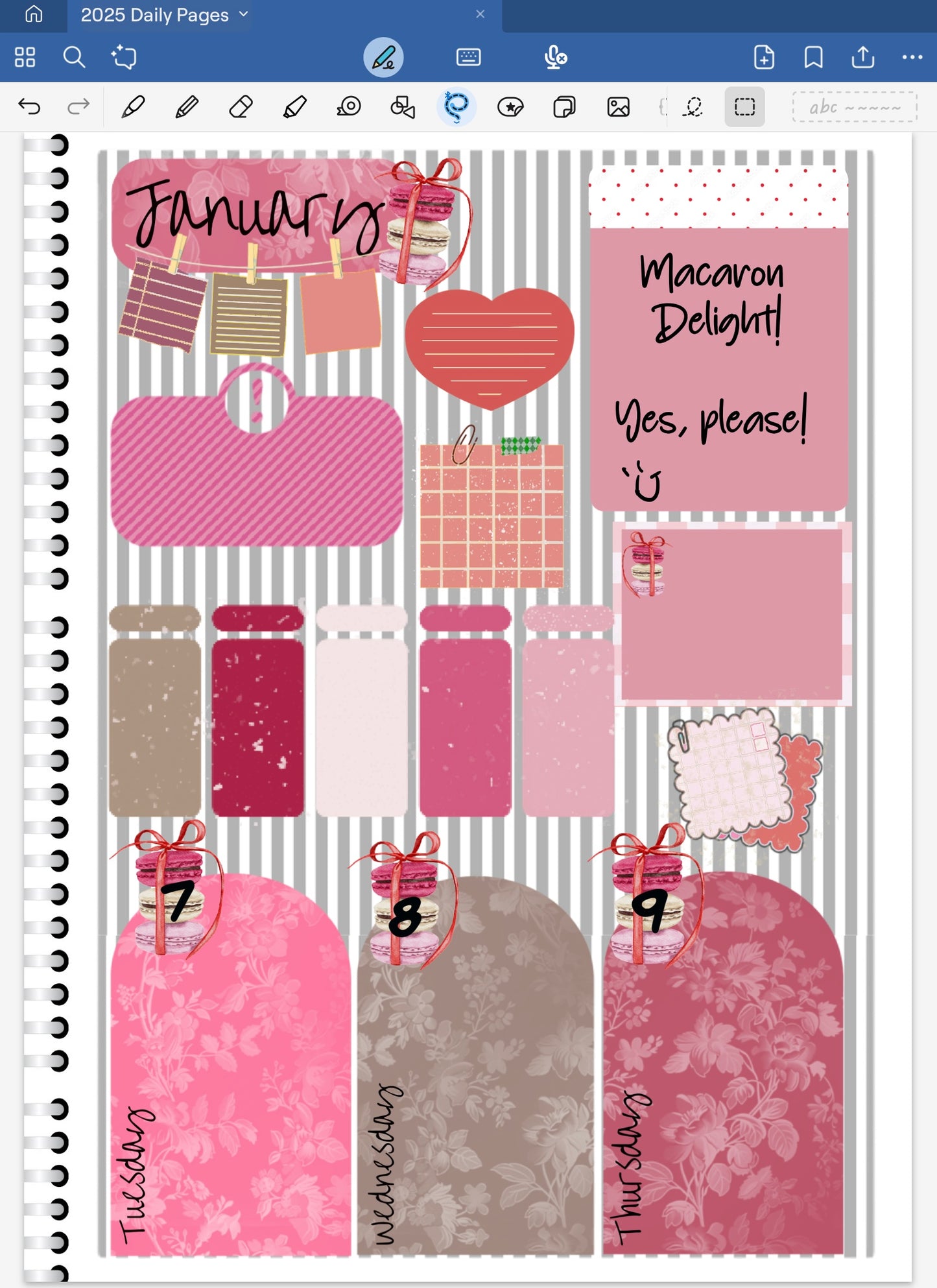 Goodnotes digital planner spread using digital date dots and coordinating stickers only from the Macaron Delight Bundle.