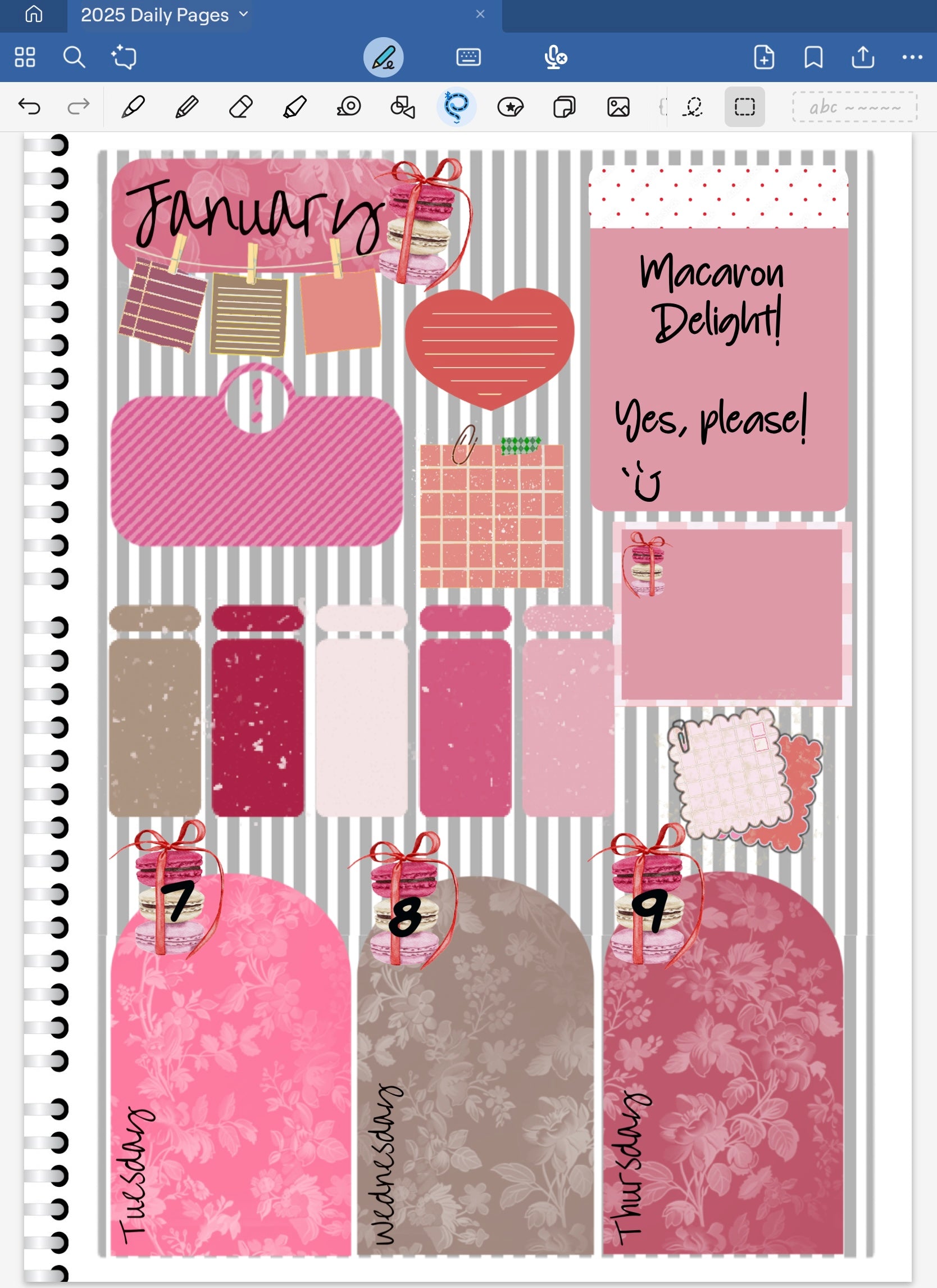 Goodnotes digital planner spread using digital date dots and coordinating stickers only from the Macaron Delight Bundle.
