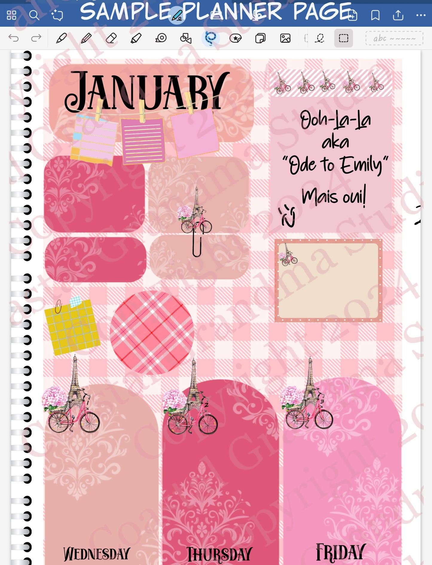 Goodnotes Digital Planner Spread using only date dots, ccoordinating stickers and patterned paper only from one collection.background