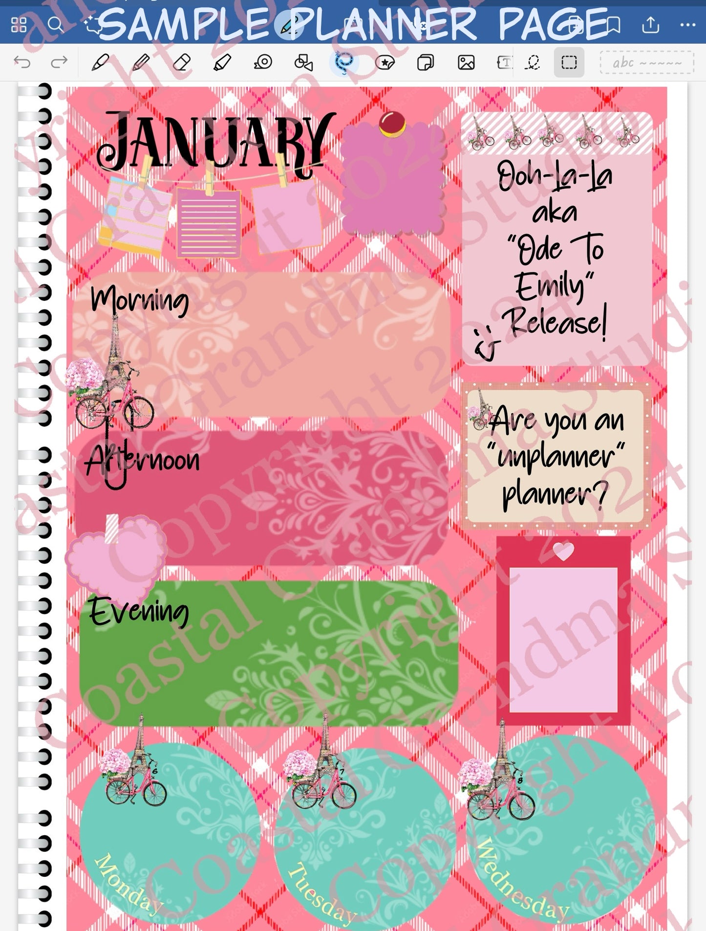 Goodnotes digital planner spread using only date dots, coordiating stickers and patterned papers from one bundle.