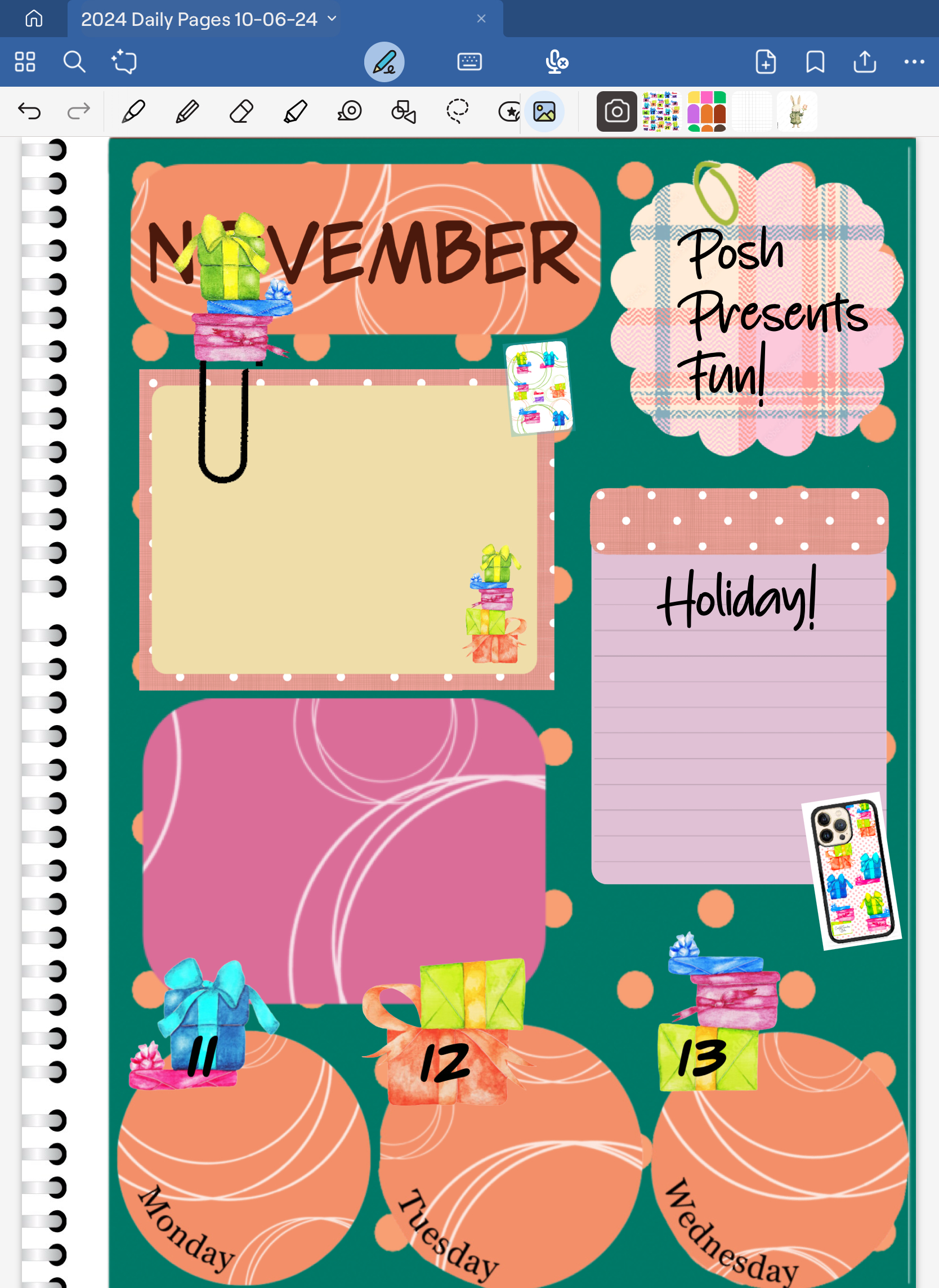Goodnotes digital planner spread only using date dots, stickers and patterned paper from just one bundle.