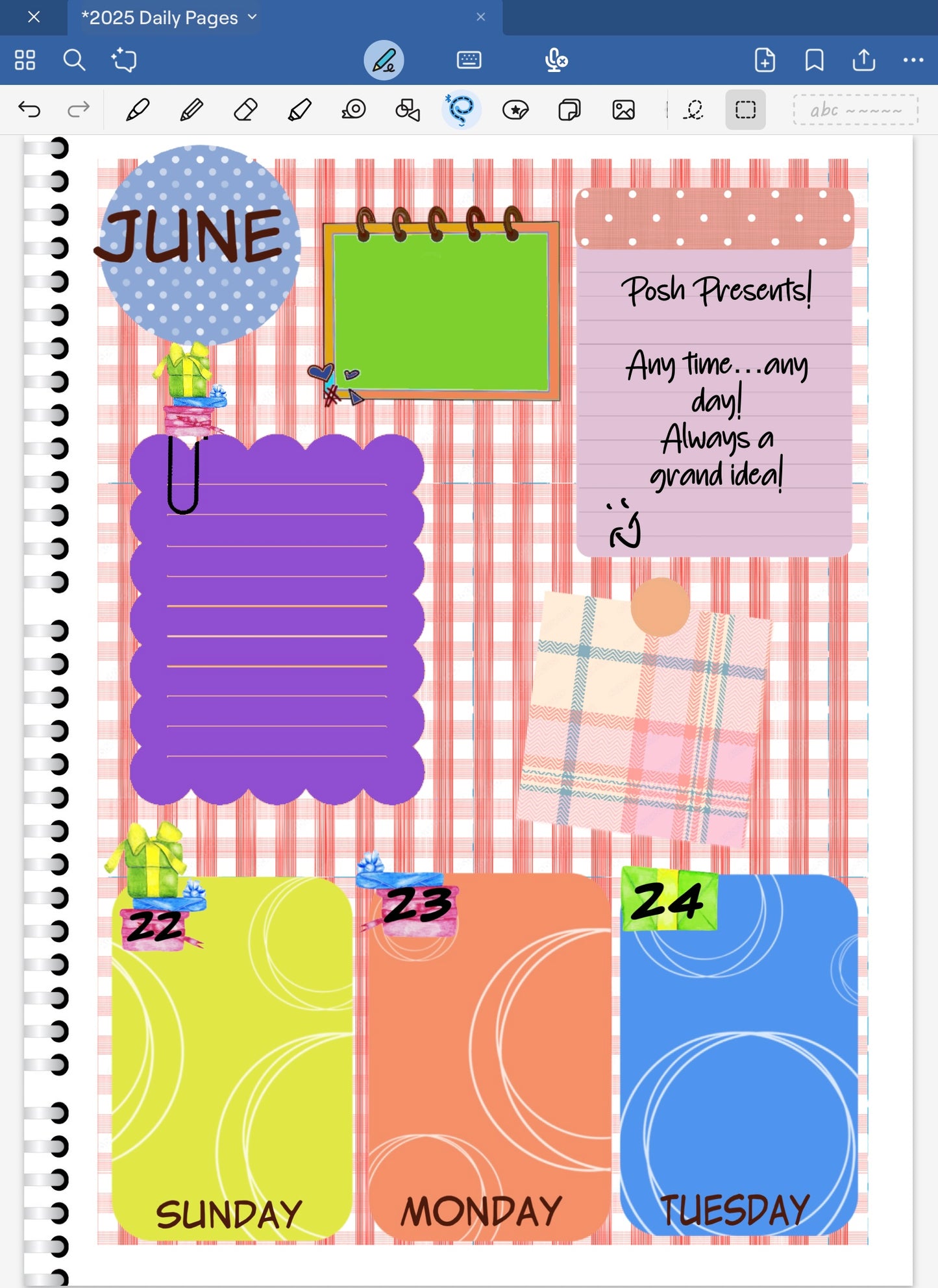 Goodnotes digital planner spread only using stikcers, date dts and coordinating patterned papers from one collection bundle.