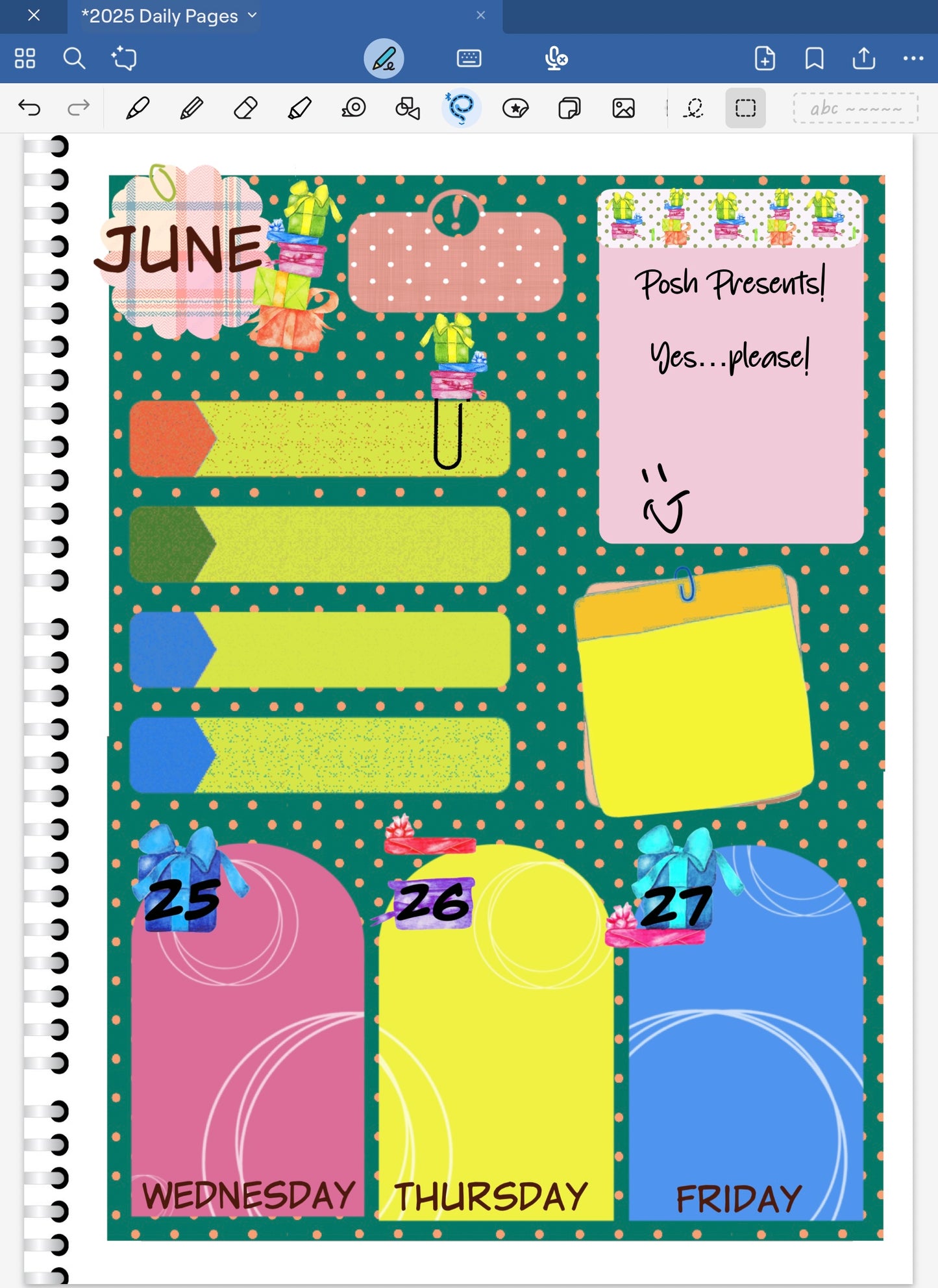 Goodnotes digital planner spread only using date dots, coordinating sticker and patterned papers from one bundle.
