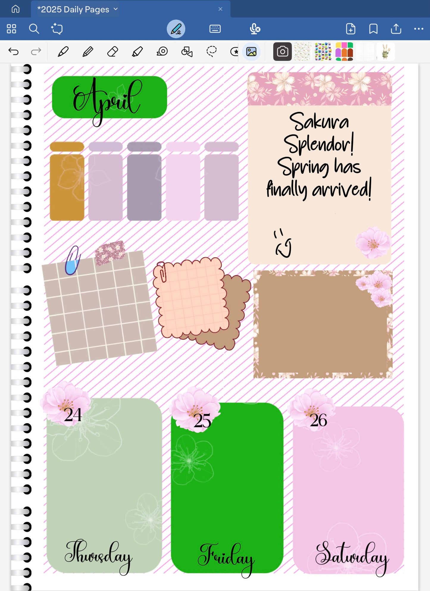 Goodnotes Digital Planner Spread only using date dot, stickers and coordinating patterned paper from one bundle.