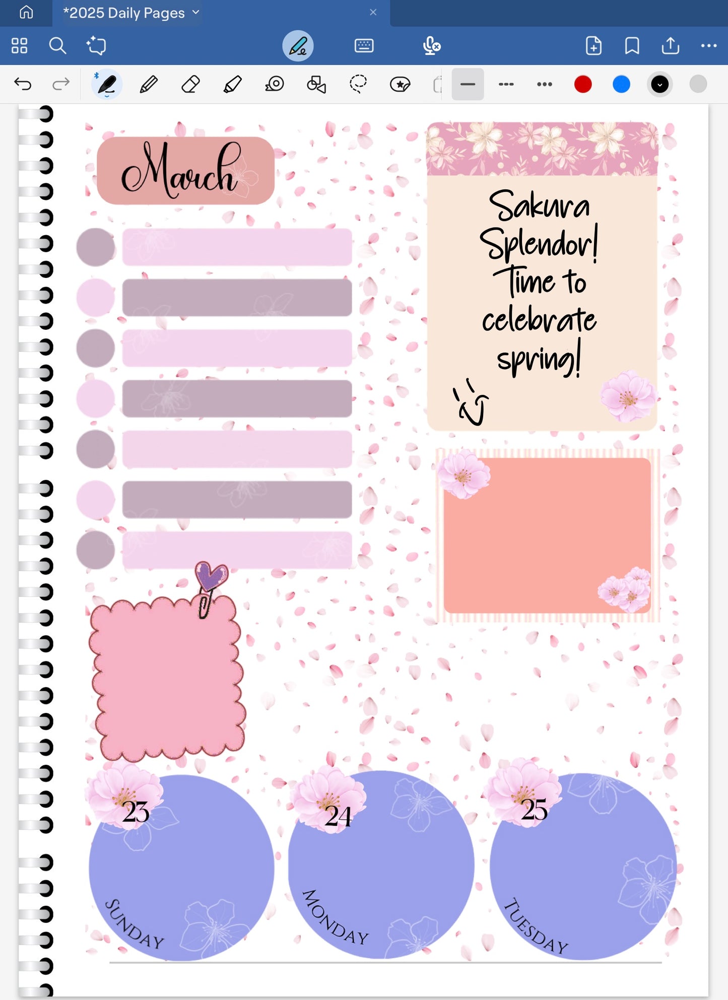 Goodnotes Digital Planner Spread only using date dots, stickers and coordinating patterned paper from the Sakuta Splendor Bundle.