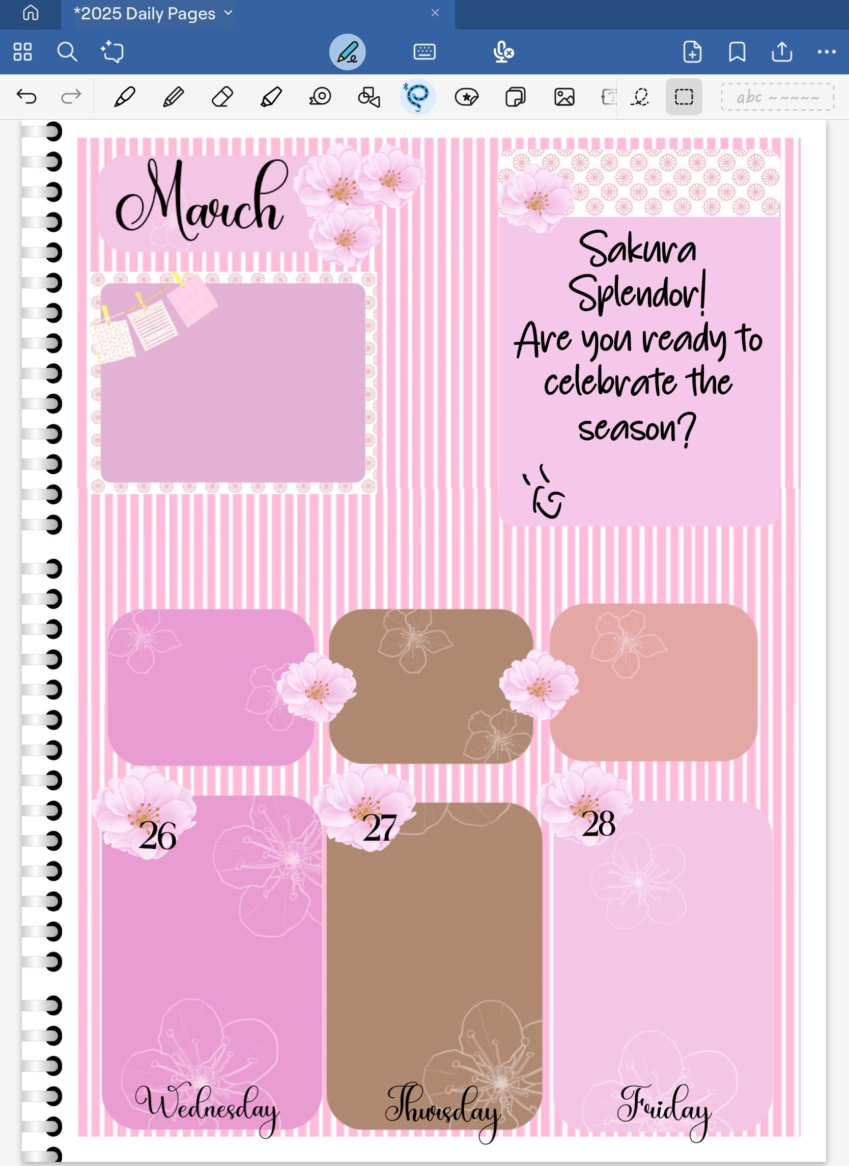 Goodnotes digital planner spread only using date dots, stickers and coordinating patterned paper from the Sakura Splendor Bundle.