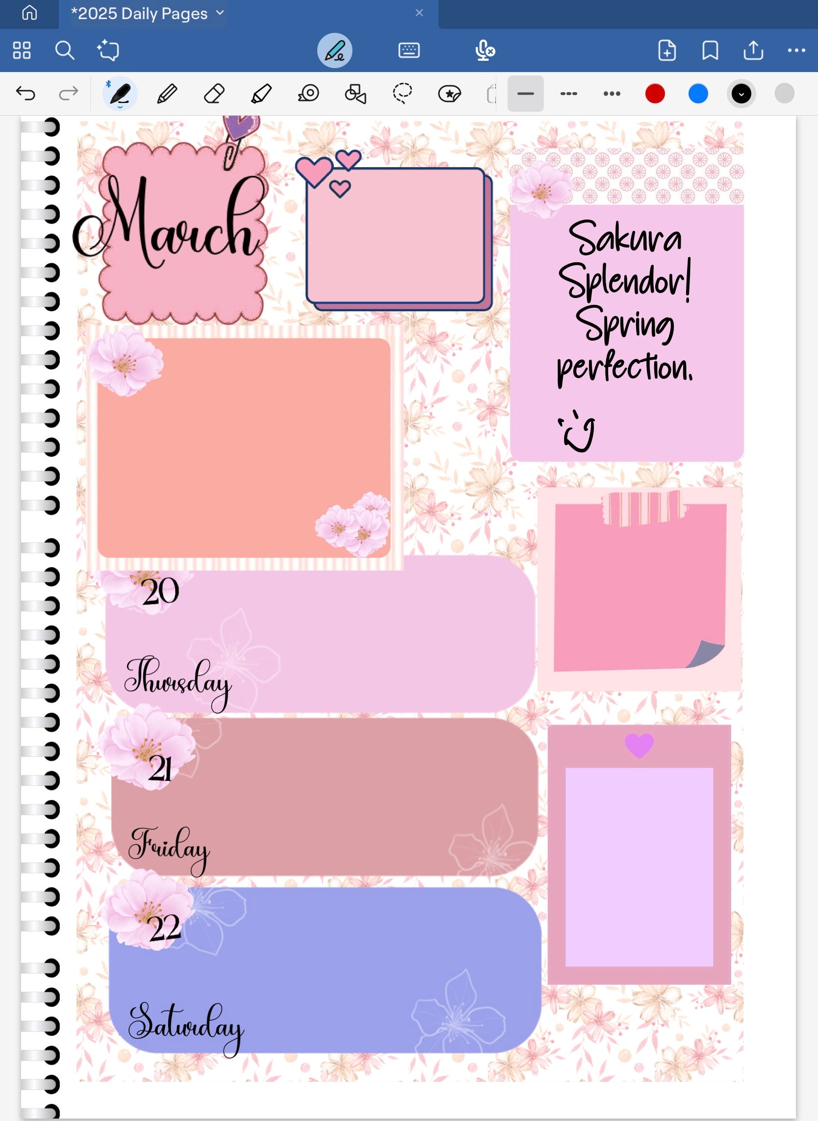 Goodnotes digital planner spread only using date dots, stickers and coordinating patterned paper from the Sakura Splendor Bundle.