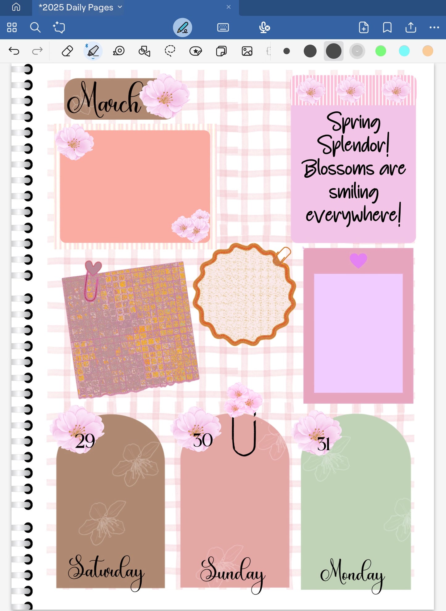 Goodnotes Digital Planner Spread only using date dots, stickers and coordinating patterned papers from the Sakura Splendor Bundle.