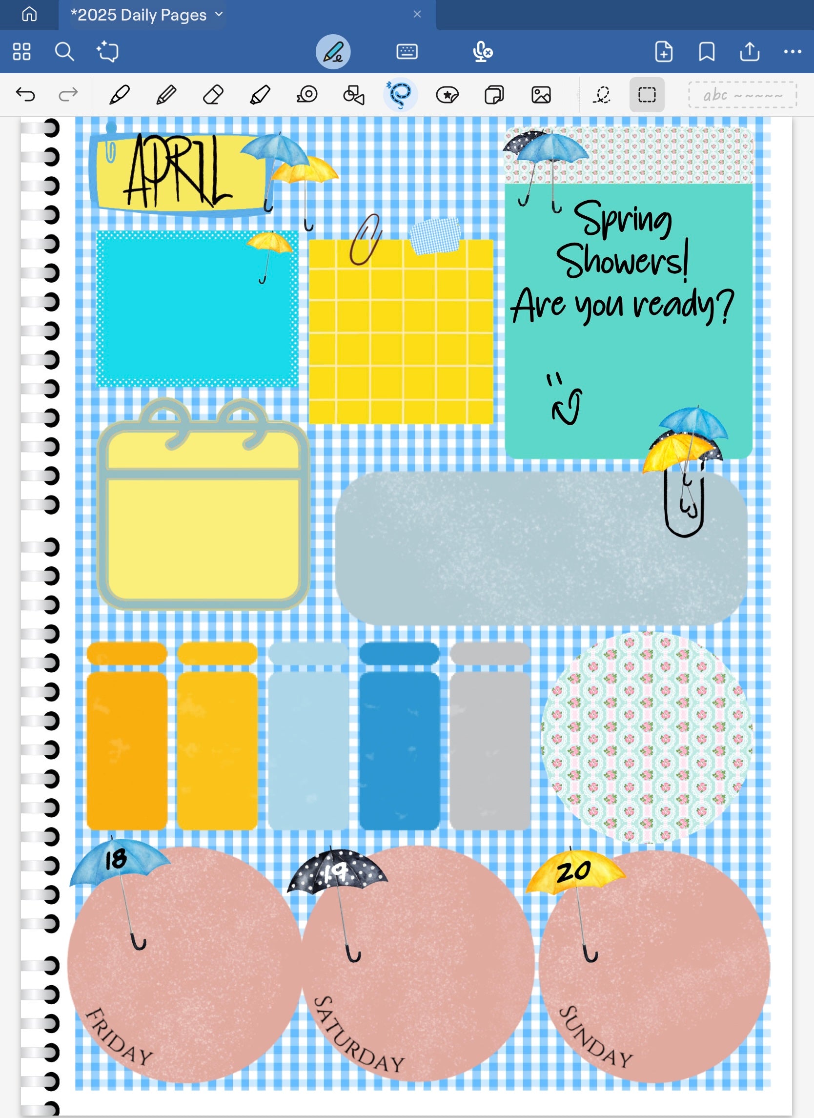 Goodnotes digital planner spread using date dots, stickers and coordinating patterned paper from the Spring Showers Collection.