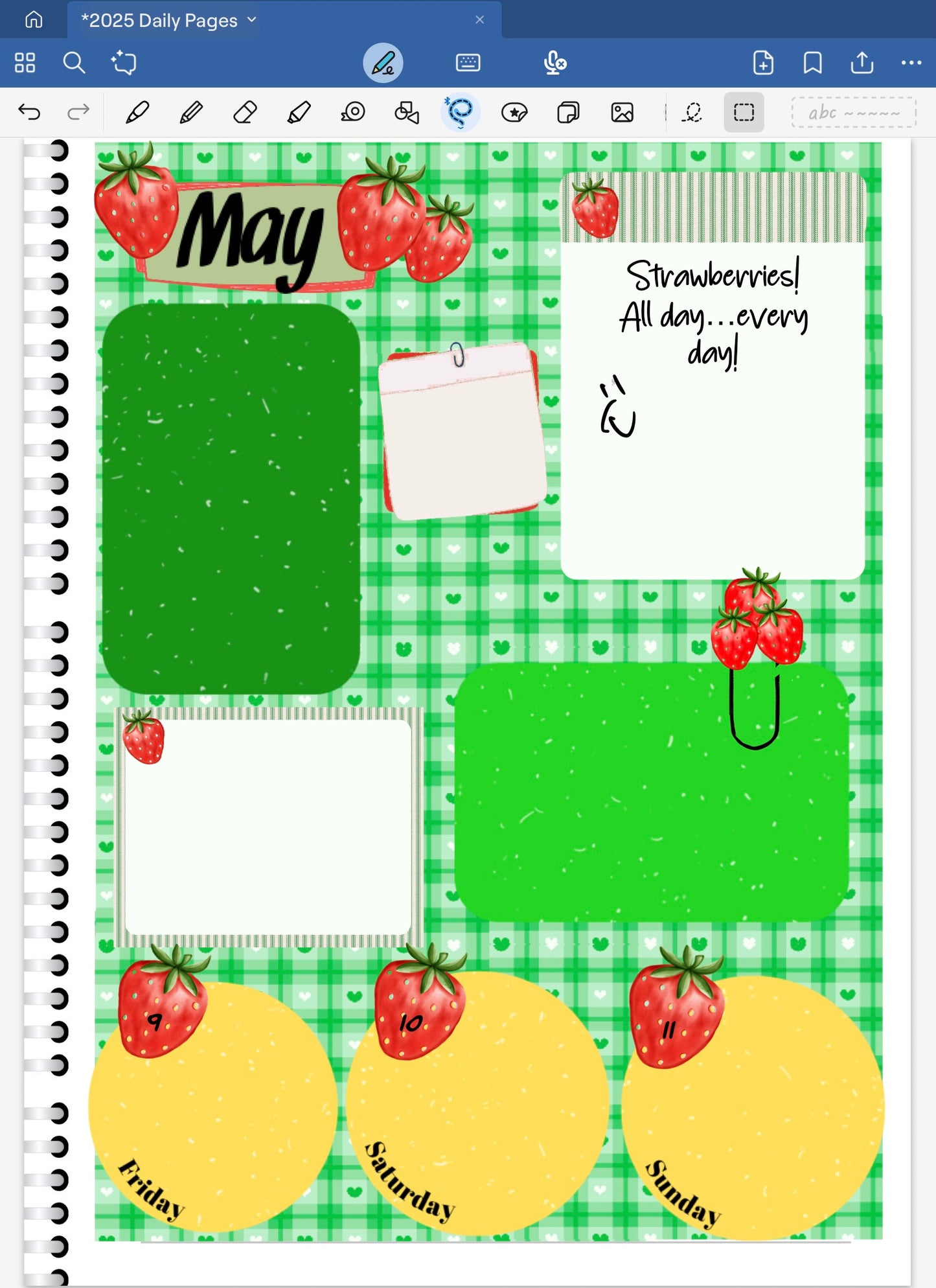Goodnotes Digital Planner Spread only using date dots, stickers and coordinated papperned paper from the Strawberries Digital Sticker Bundle.