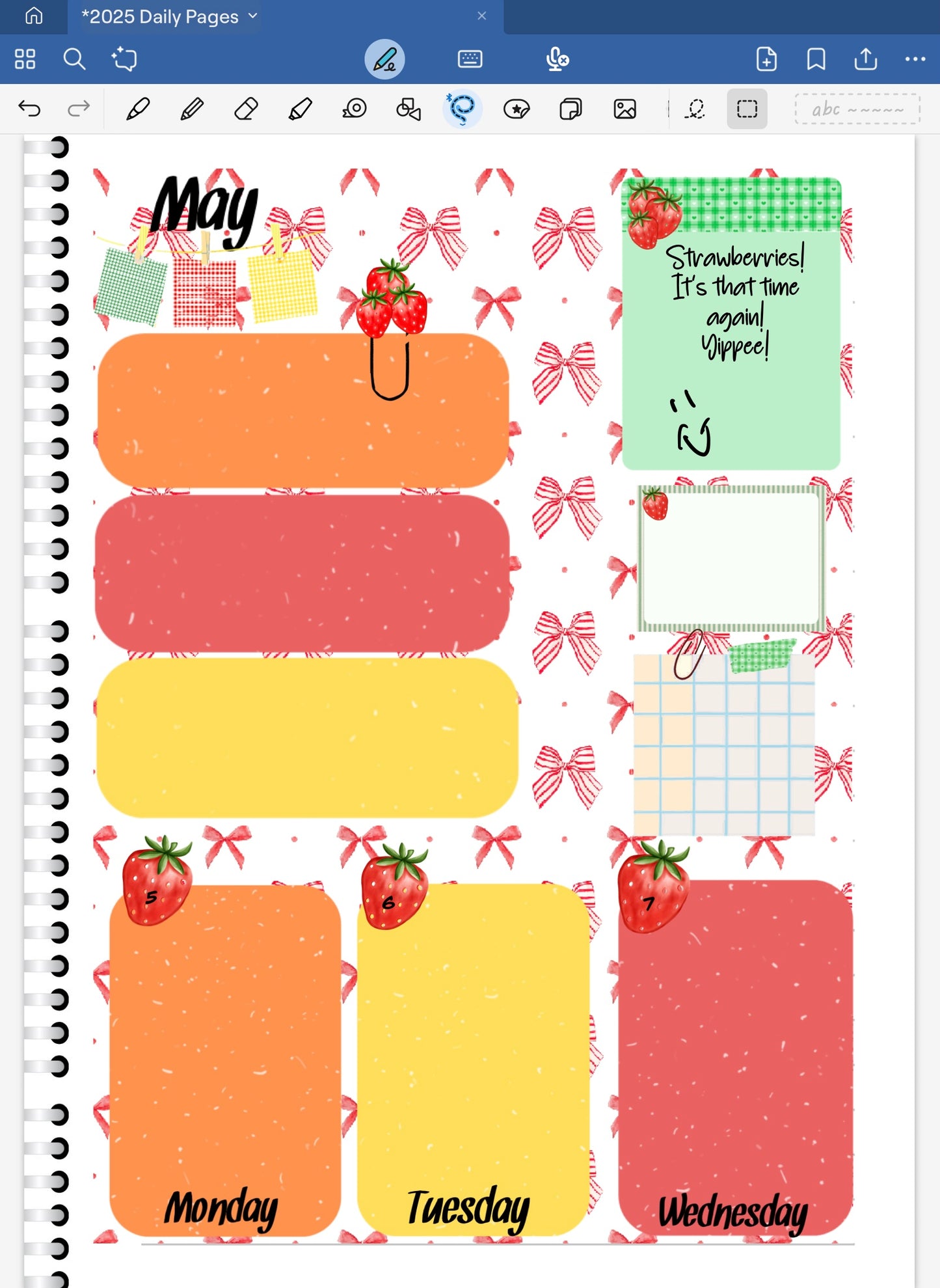 Goodnotes Digital Planner spread only using date dots, stickers and coordinating patterned paper from the Strawberries! Digital Sticker Bundle.
