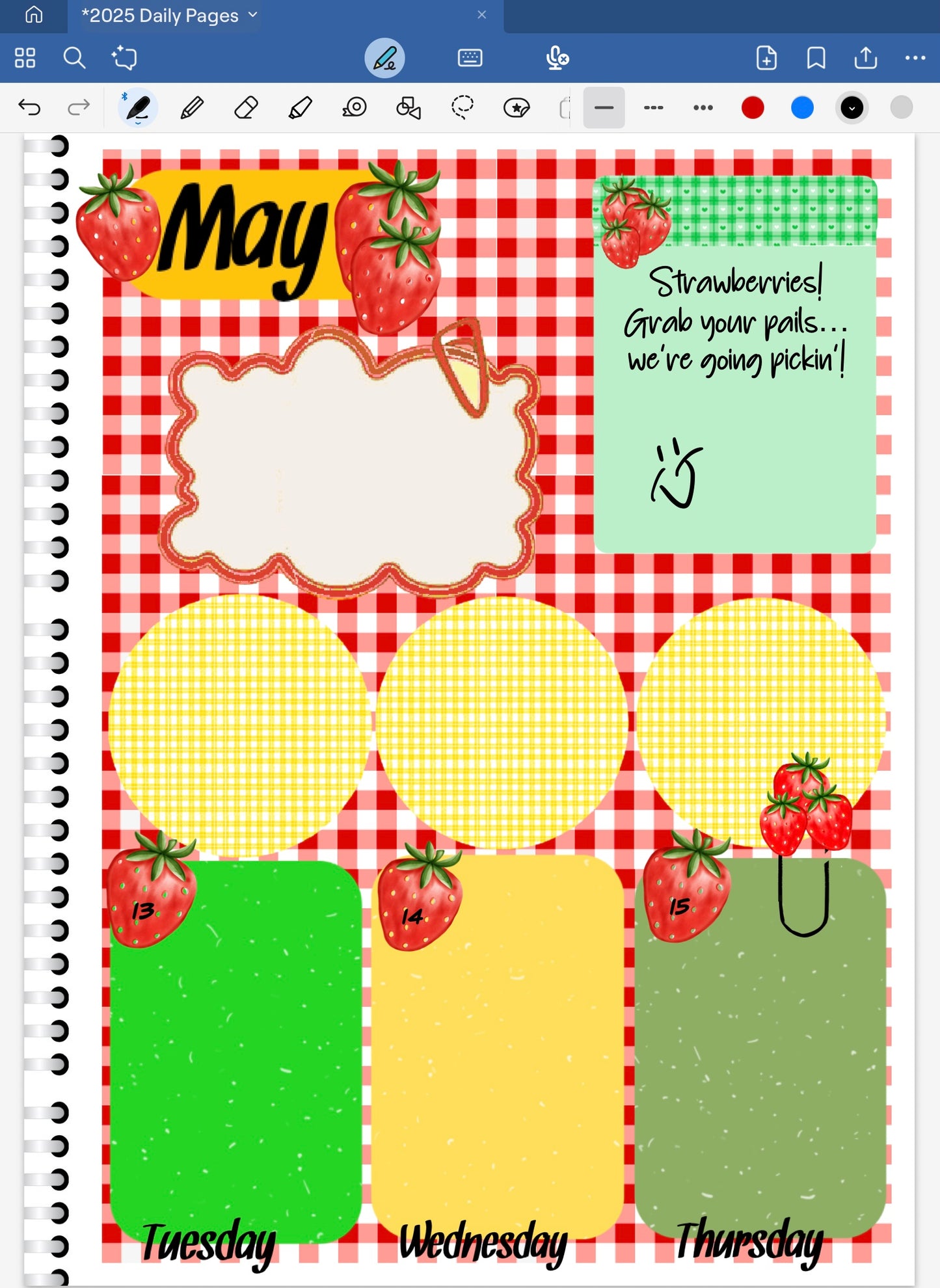 Goodnotes Digital Planner spread only using date dots, stickers and coordinating patterned deco paper from the Strawberries Digital Sticker Bundle.