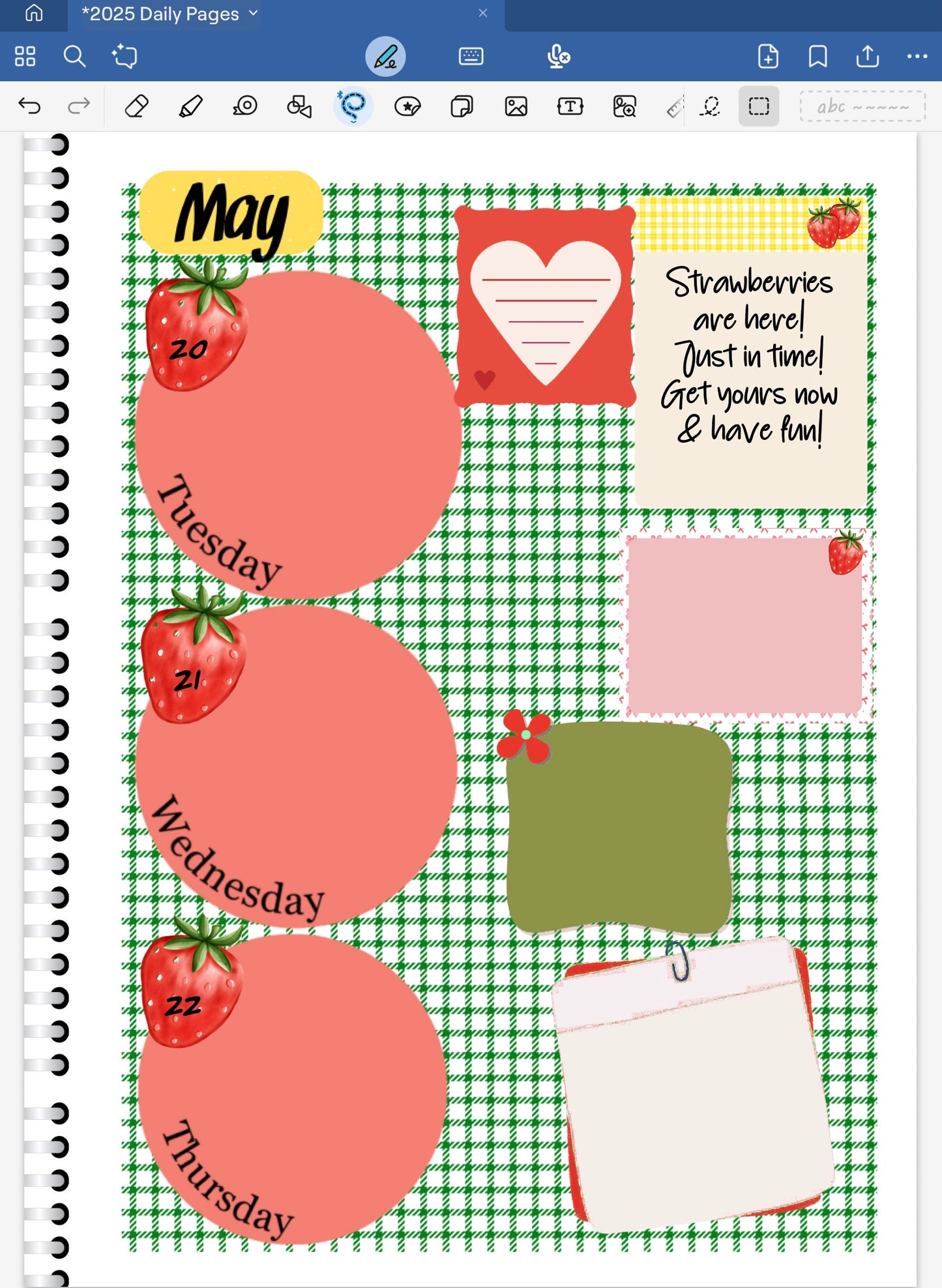 Goodnotes digital planner spread only using date dots, stickers and coordinating patterned papers from the Strawberries Digital Sticker Bundle.