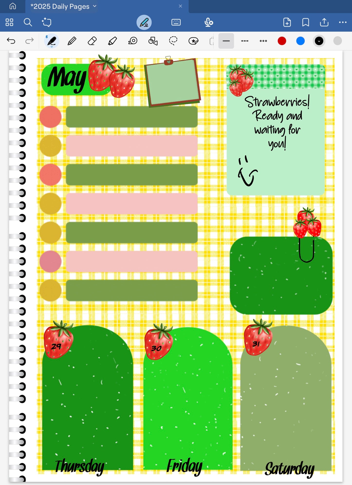 Goodnotes Digital Planner Spread only using date dots, stickers and coordinating decp patterned paper from the Strawberries Digital Sticke Bundle.
