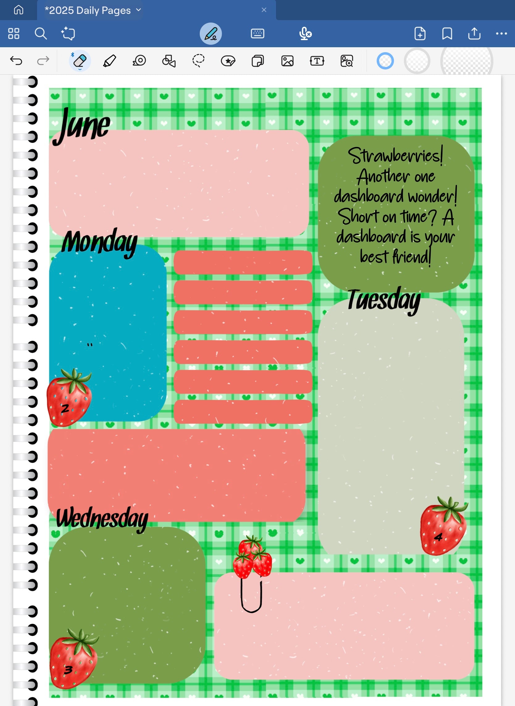 Goodnotes digital planner spread only using date dots, stickers and coordinating patterned paper from the Strawberries! Digital Stickers Bundle.