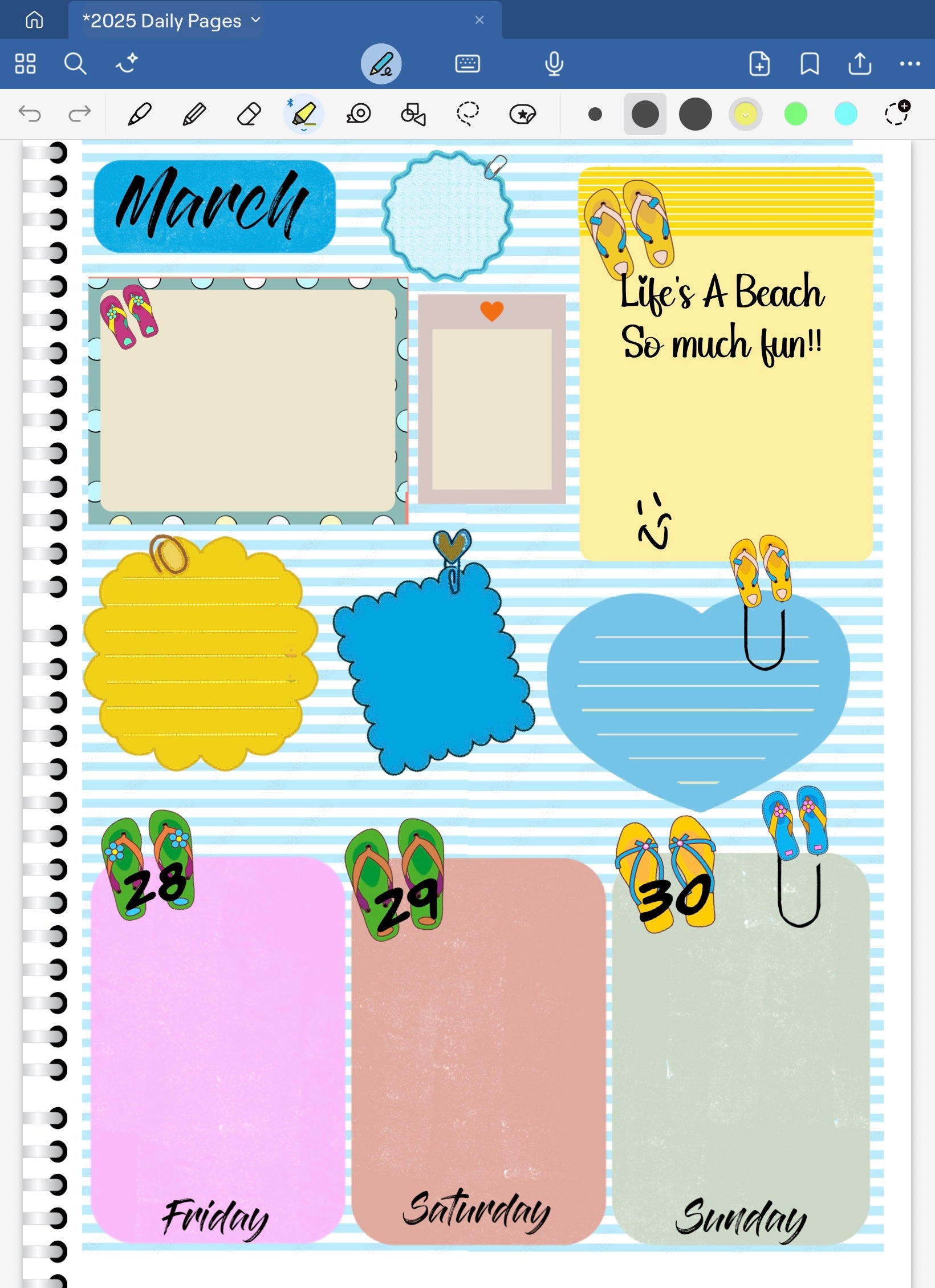 Goodnotes Digital Planner Spreaed with Life's a Beach decorative stickers and date dots from the digital stickers bundle.