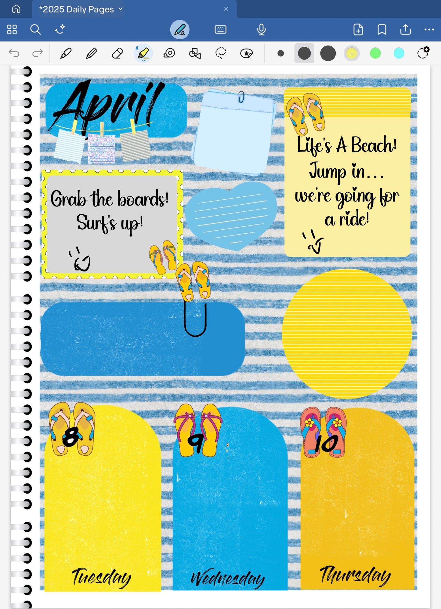 Goodnotes digital planner spread with Life's A Beach sandal date dots and coordinating stickers from the bundle.