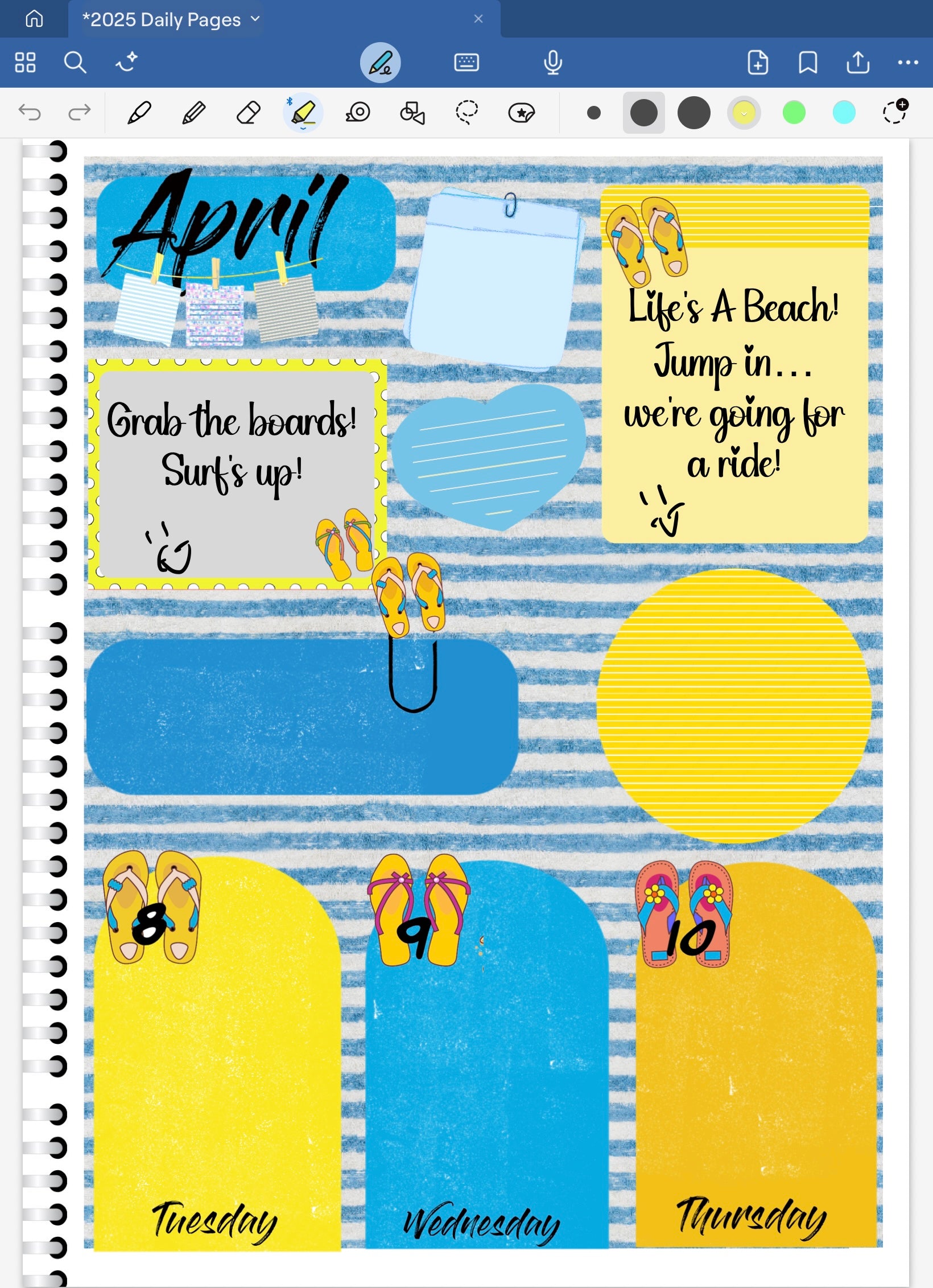 Goodnotes digital planner spread with Life's A Beach sandal date dots and coordinating stickers from the bundle.