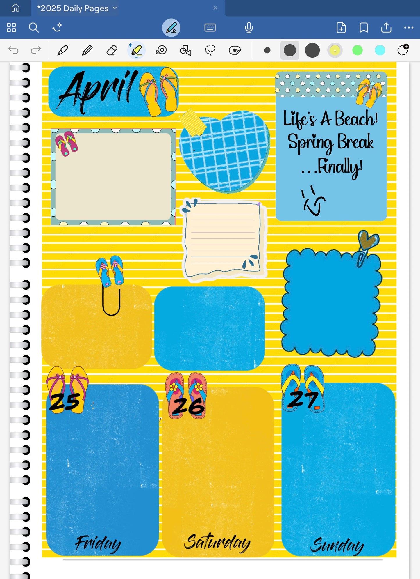 Goodnotes digital planner spread using beach date dots and decorative patterned paper from the Lide's A Beach Collection. Bright and cheery!