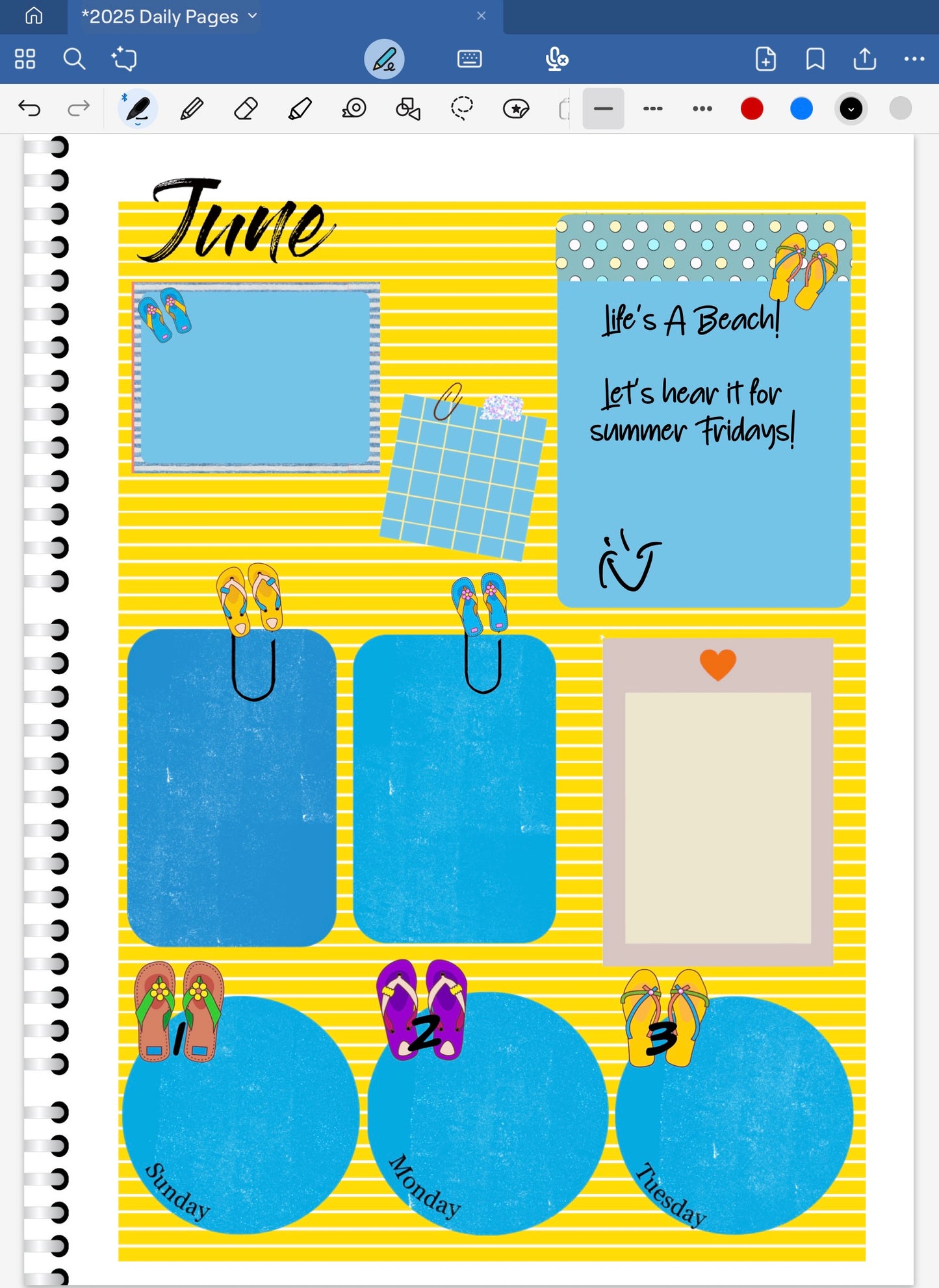 Goodnotes digital planner spread using date dots. coordinating ditital stickers and patterned paper from the Life's A Beach Bundle.
