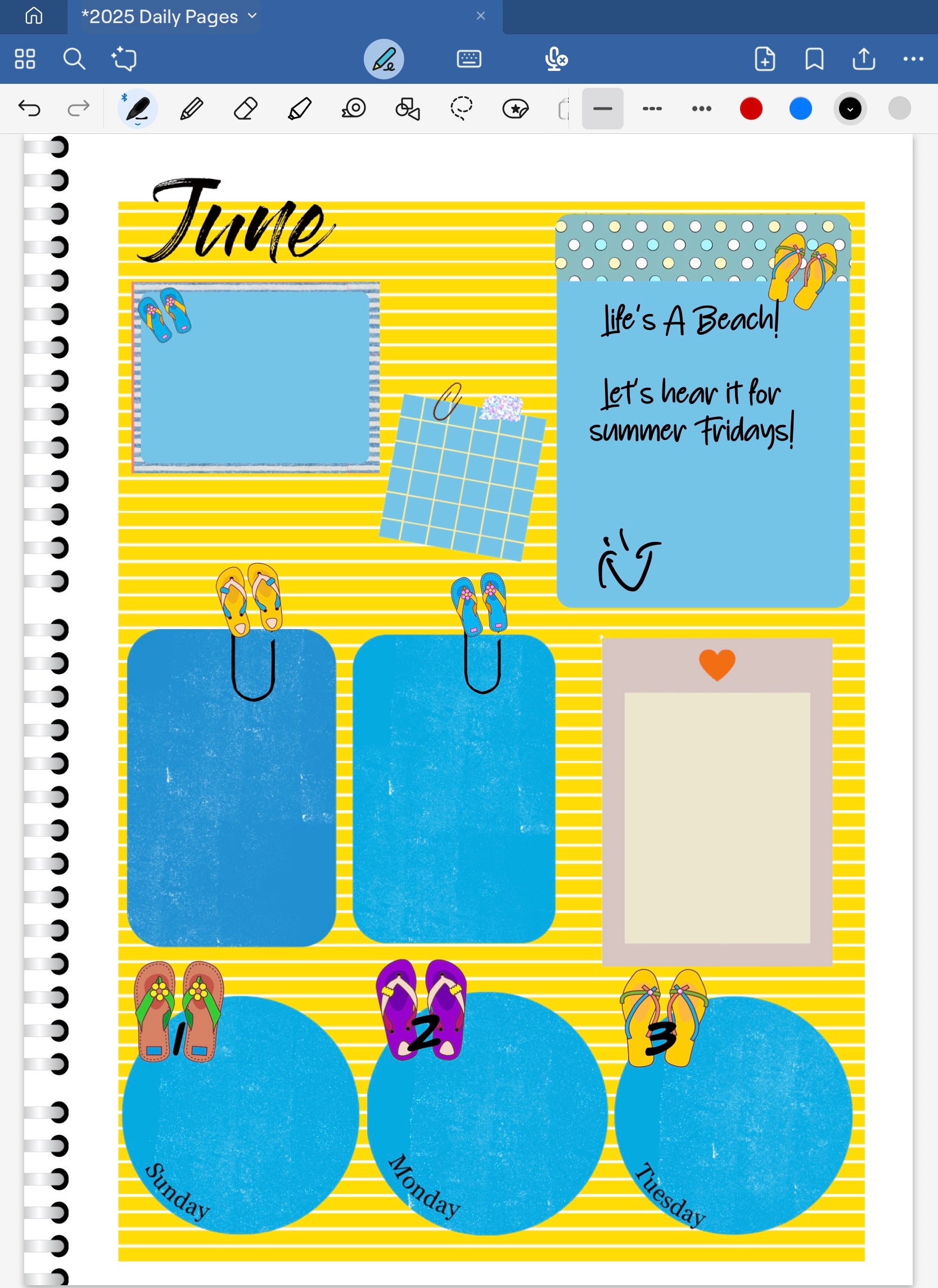 Goodnotes digital planner spread using date dots. coordinating ditital stickers and patterned paper from the Life's A Beach Bundle.
