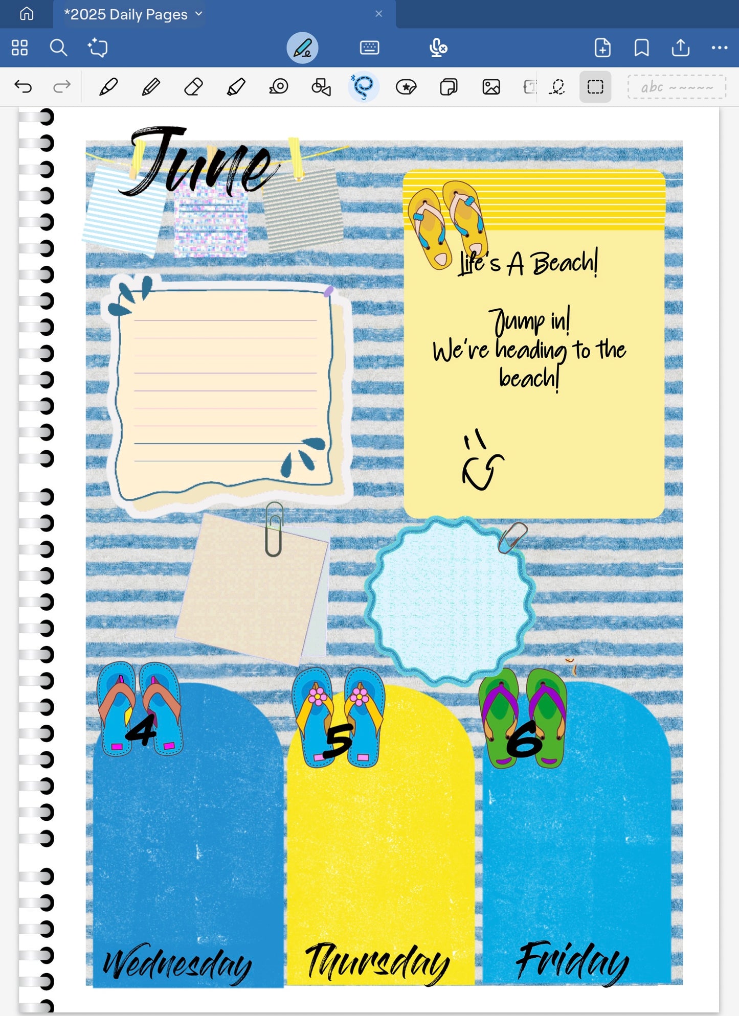 Goodnotes digital planner spread using Life's A Beach date dots, coordinating stickers and patterend papaers all from the digital sticker bundle.