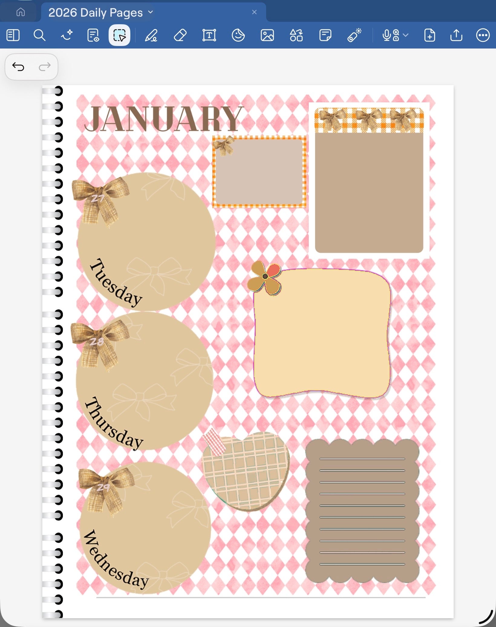  Goodnotes daily planner page with decorative bow elements on a pink checkered background