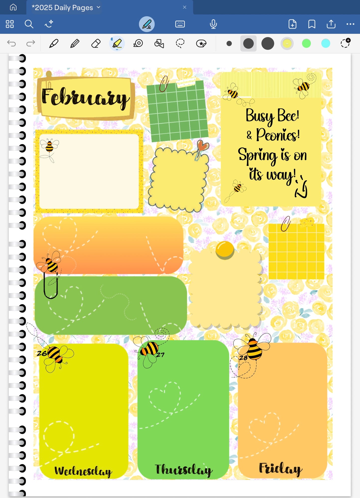 Goodnotes planner spread with a spring theme, featuring bees and flowers.