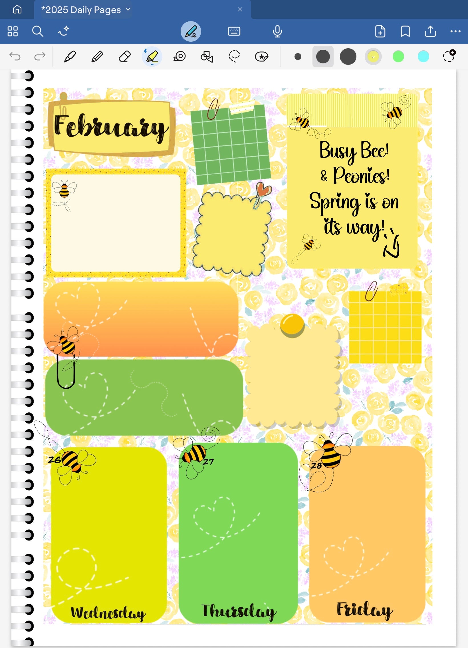 Goodnotes planner spread with a spring theme, featuring bees and flowers.
