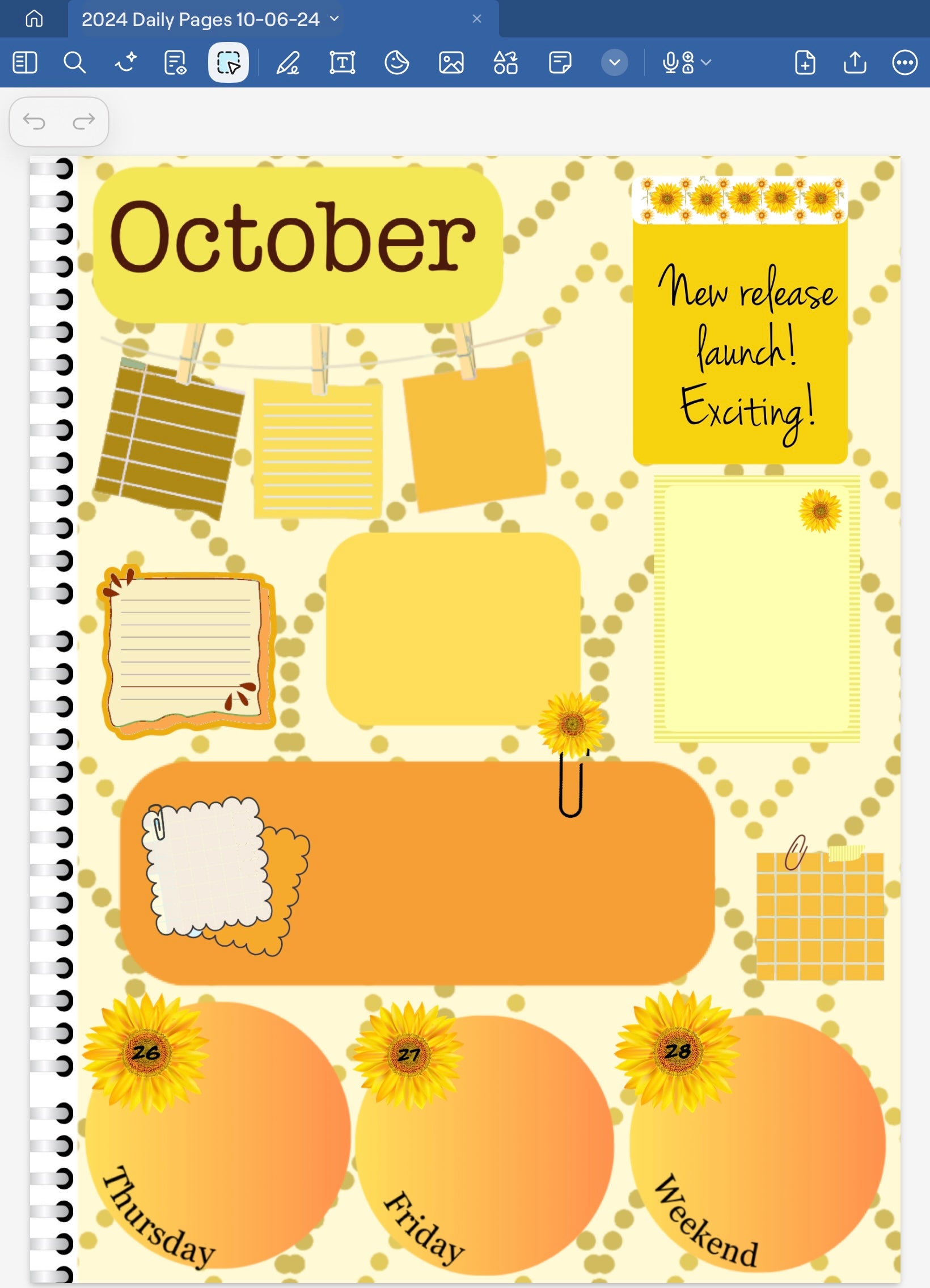 Goodnotes digital planner spread only using date dots, stickers and coordinating patterned paper from the Sunflower Digital Sitcker Bundle.