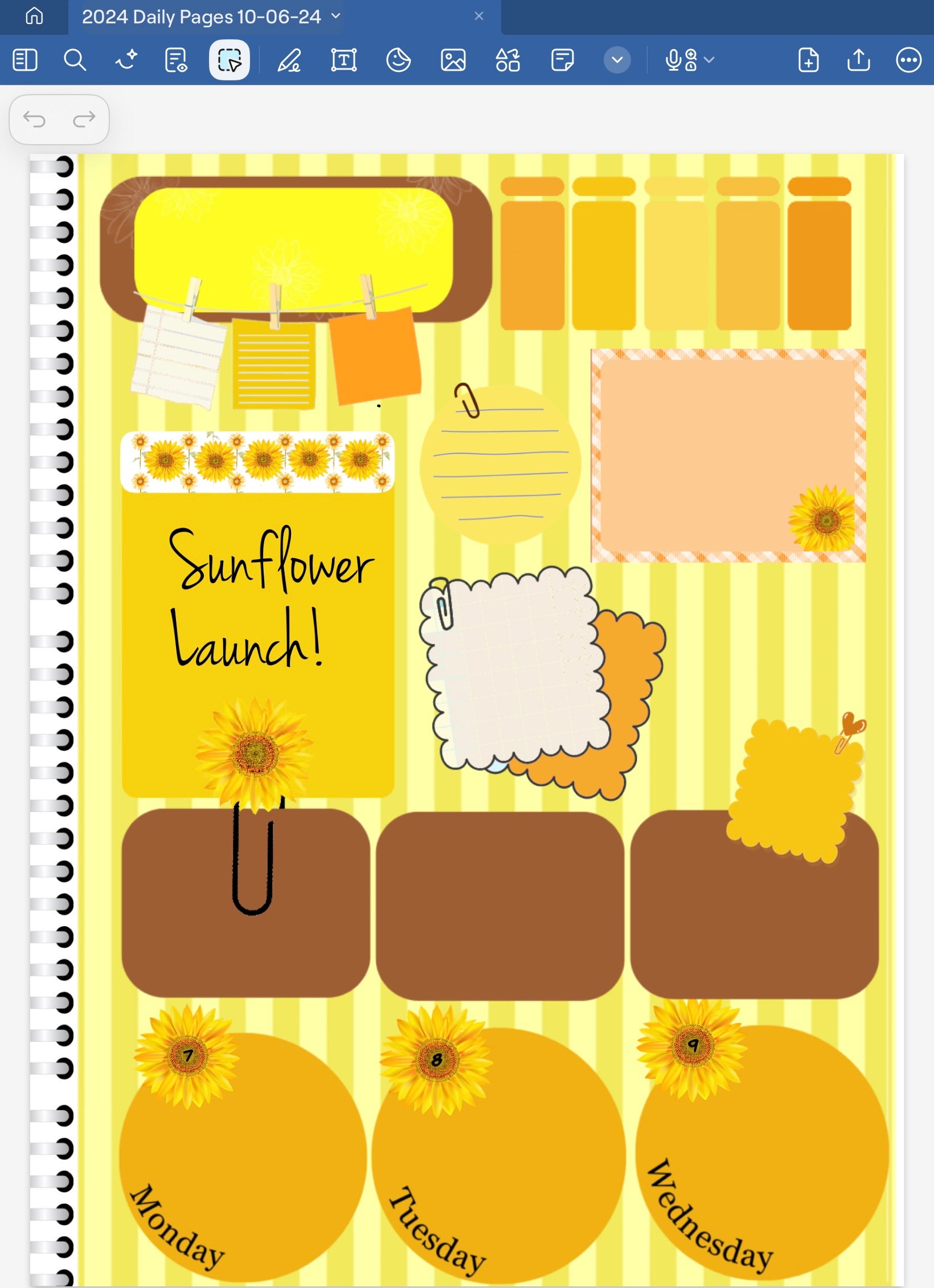 Goodnotes Digital Planner Spread using only date dots, stickers and coordinated patterned paper from the Sunflower Digital Stickers Bundle.