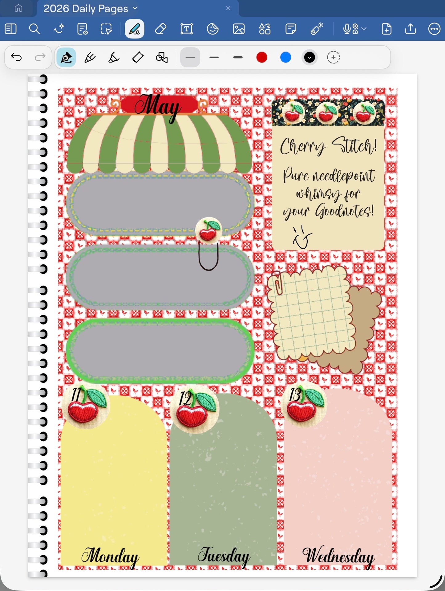 Cherry Stitch! GoodNotes Sticker Bundle – Digital Planner Stickers for iPad, Pre-Cropped Aesthetic Stickers Pack (8700-BU)