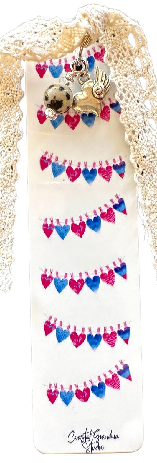 Rainbow Hearts! Lightweight Aluminum Bookmark With Vintage Lace, Charms & a Jasper Bead  (1502-B)