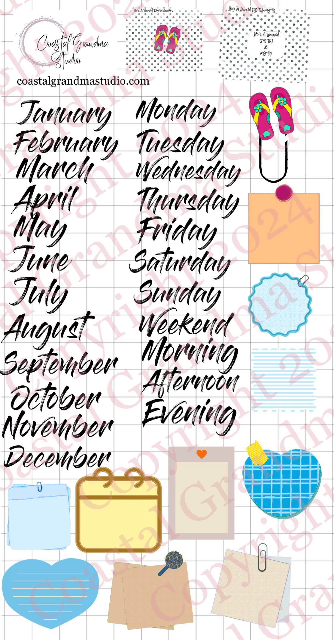 Life's A Beach! Days Of The Week/Months Of The Year Digital Pre-Cropped Stickers For Goodnotes (6300-DM)