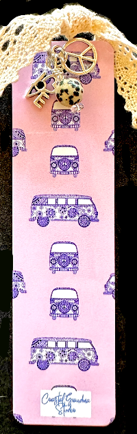 Retro VW Bus hippie style  aluminum bookmark featuring vintage lace, charms, and a Dalmation Jasper bead, with a flower-child vintage inspired design.