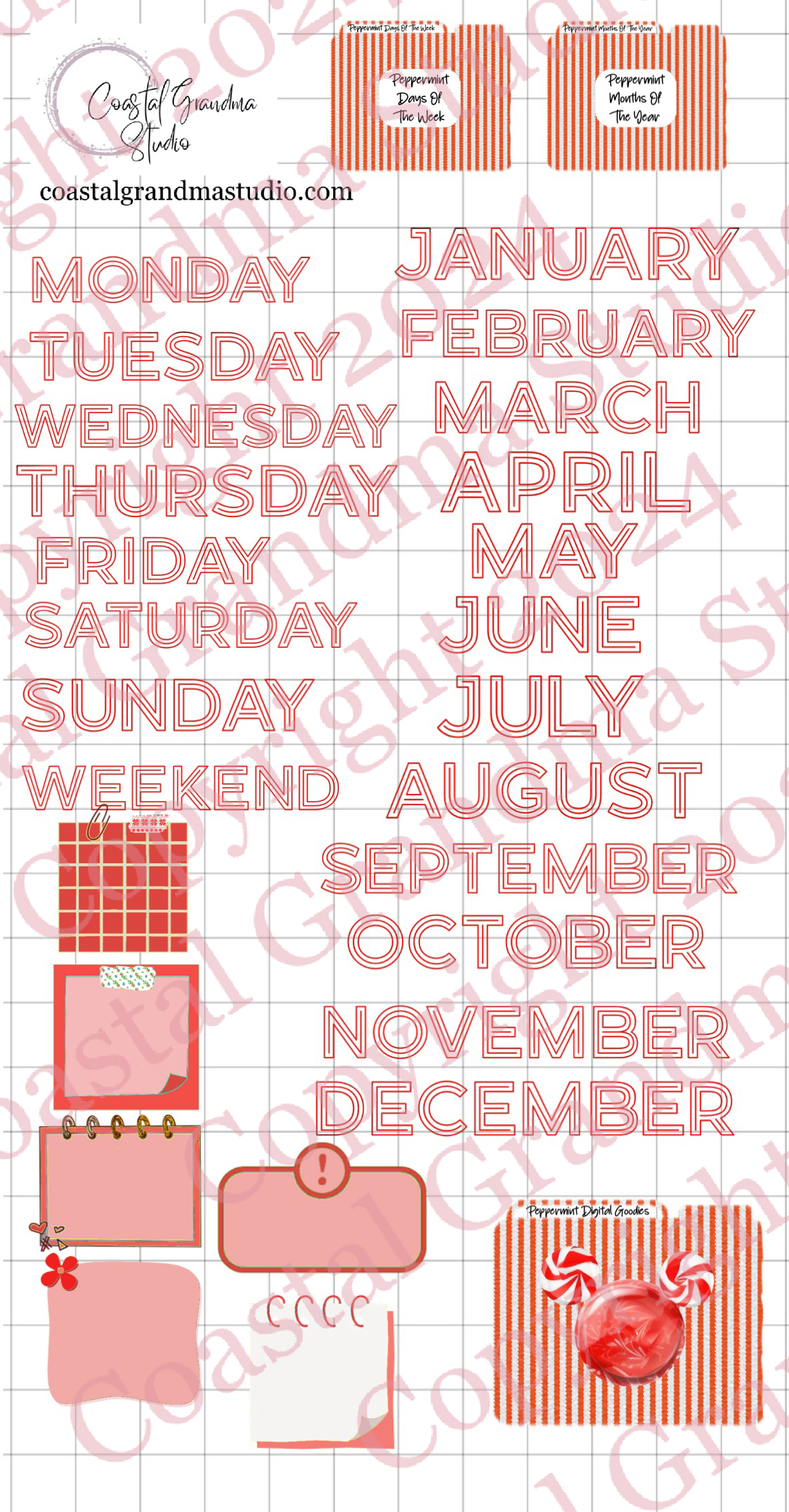 Peppermint Days Of The Week/Months Of The Year Download Pre-Cropped Stickers For Goodnotes (4300-DM)