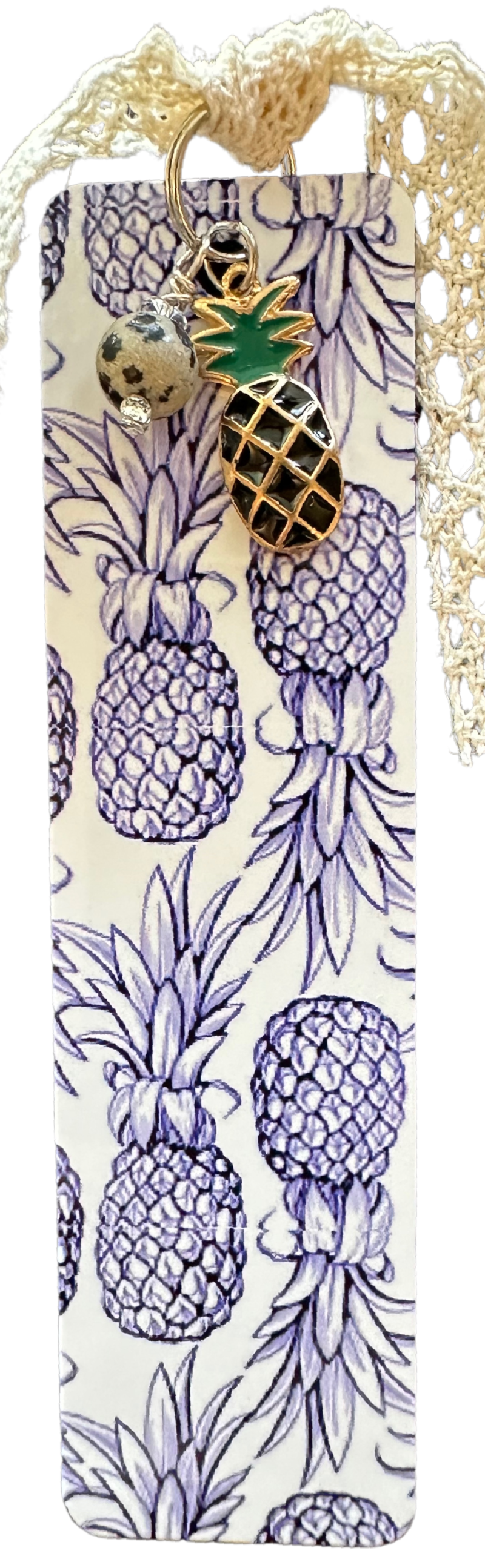 This Pineapple design bookmark includes an enamel pineapple charm, a Dalmation Jasper charm and a cottagecore coquette aesthetic Cotton lace ribbon. Each purchase helps support The Maui Humane Society,