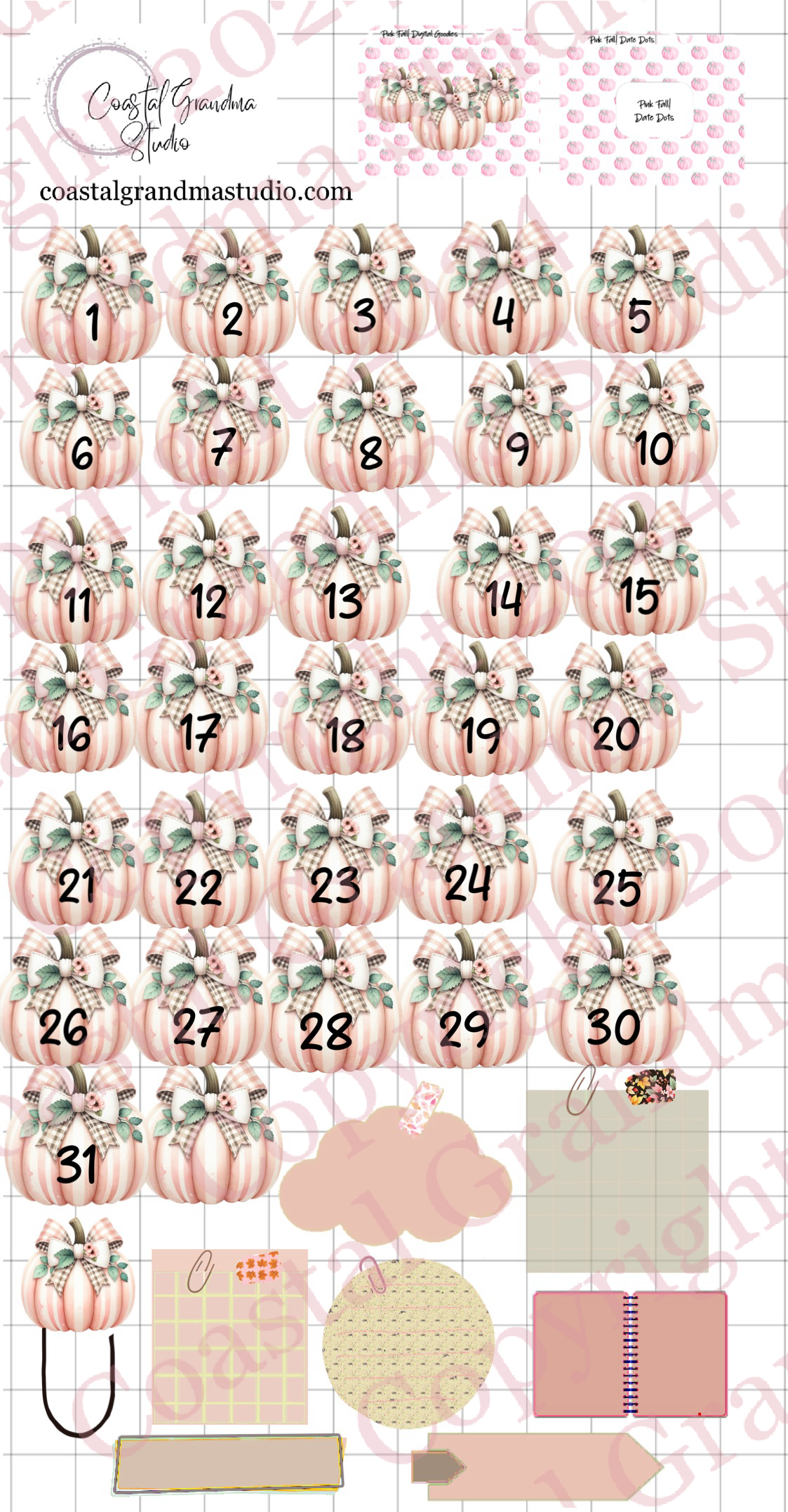 Pink Fall! Date Dots Digital Pre-Cropped Stickers For Goodnotes (7800-DD)