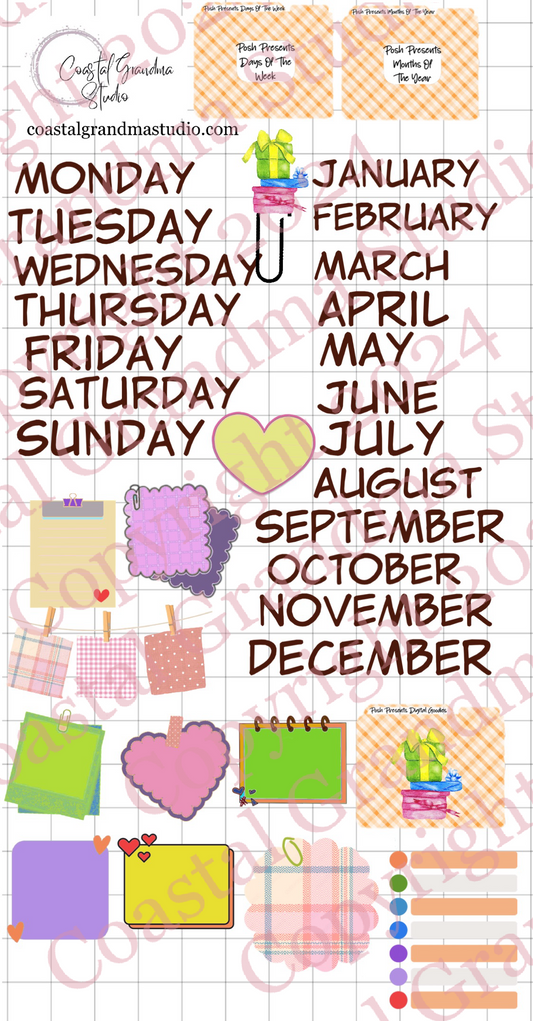 Posh Presents Days Of The Week/Months Of The Year Digital Pre-Cropped Stickers For Goodnotes (4400-DM)