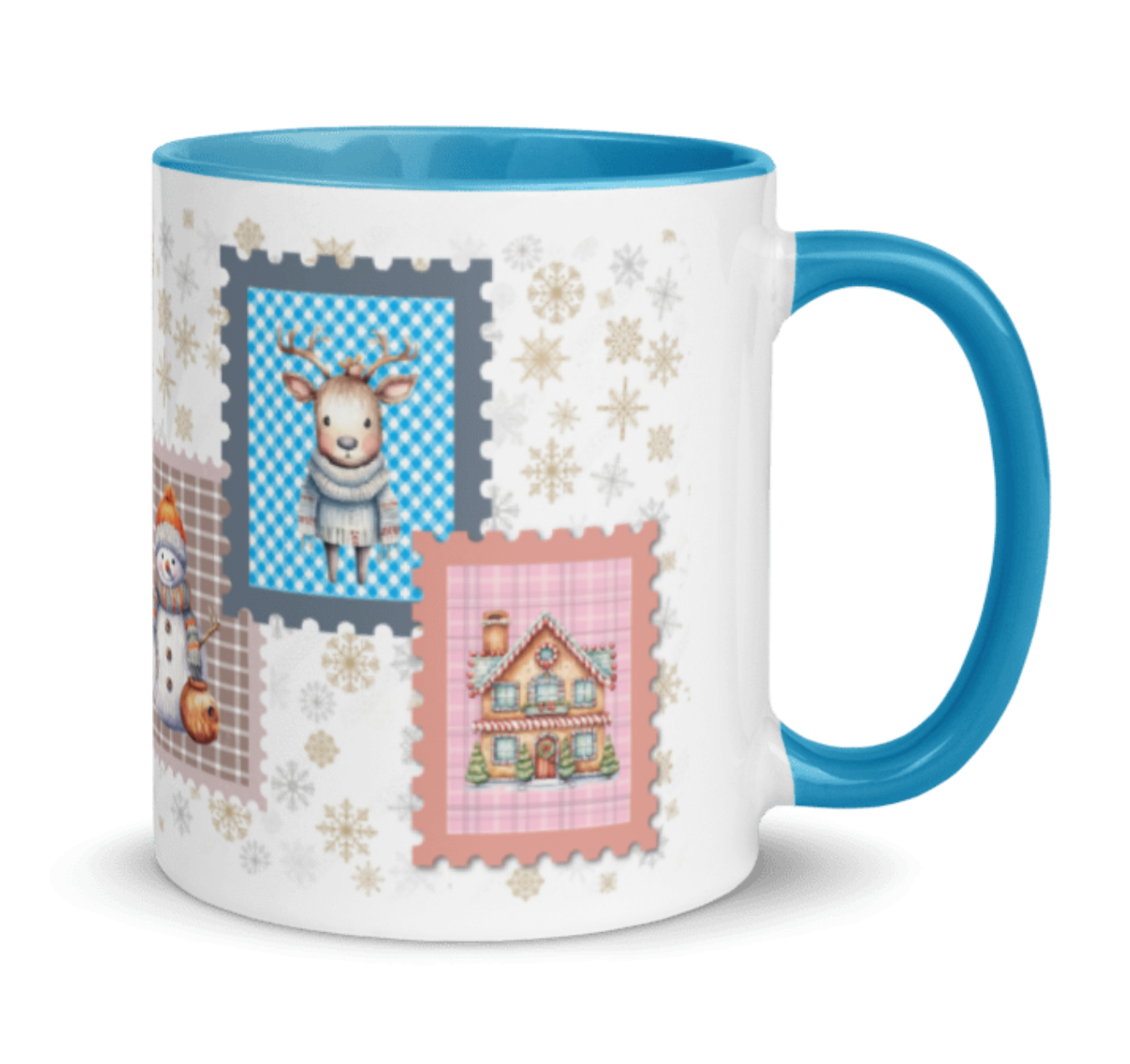 Cozy Christmas Ceramic Mug With Light Blue Handle & Interior 11 0z.