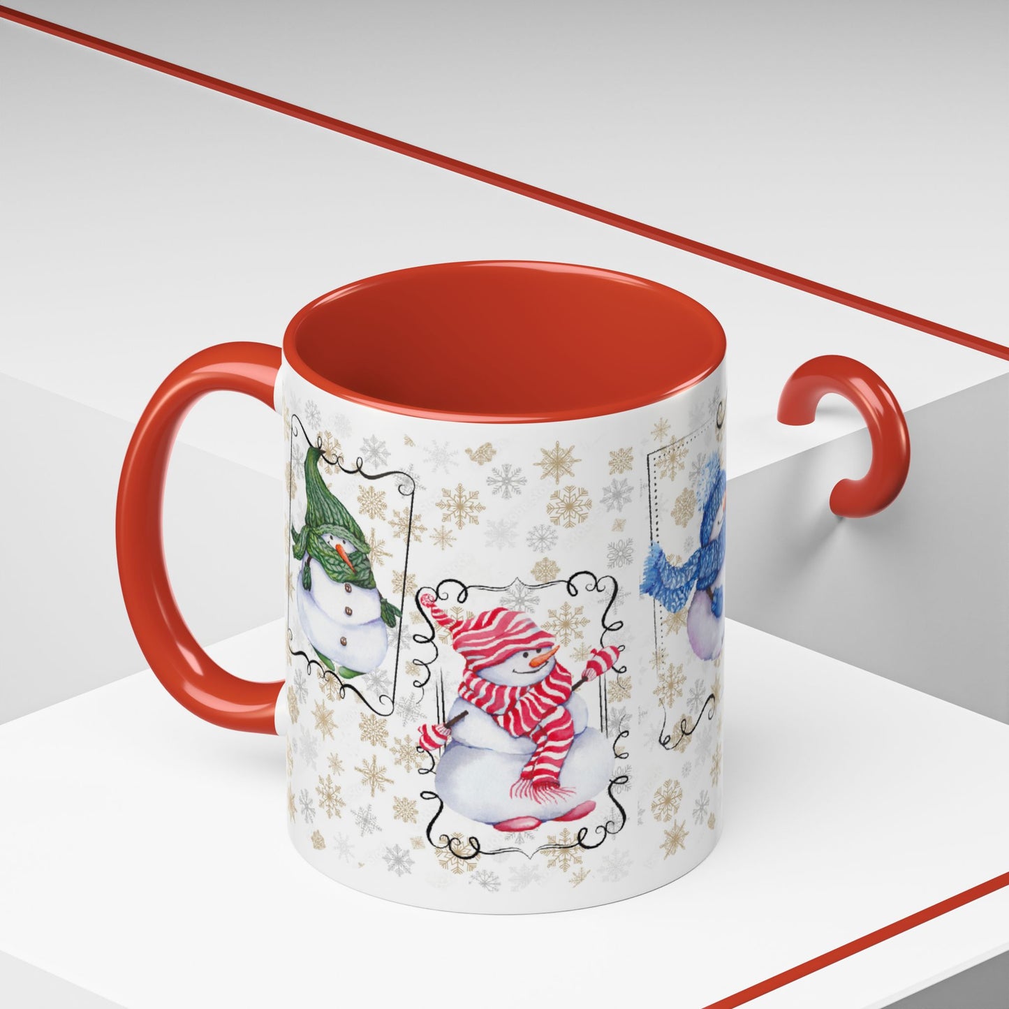 Snow People Ceramic Mug with Red Handle and Interior 11 0z.