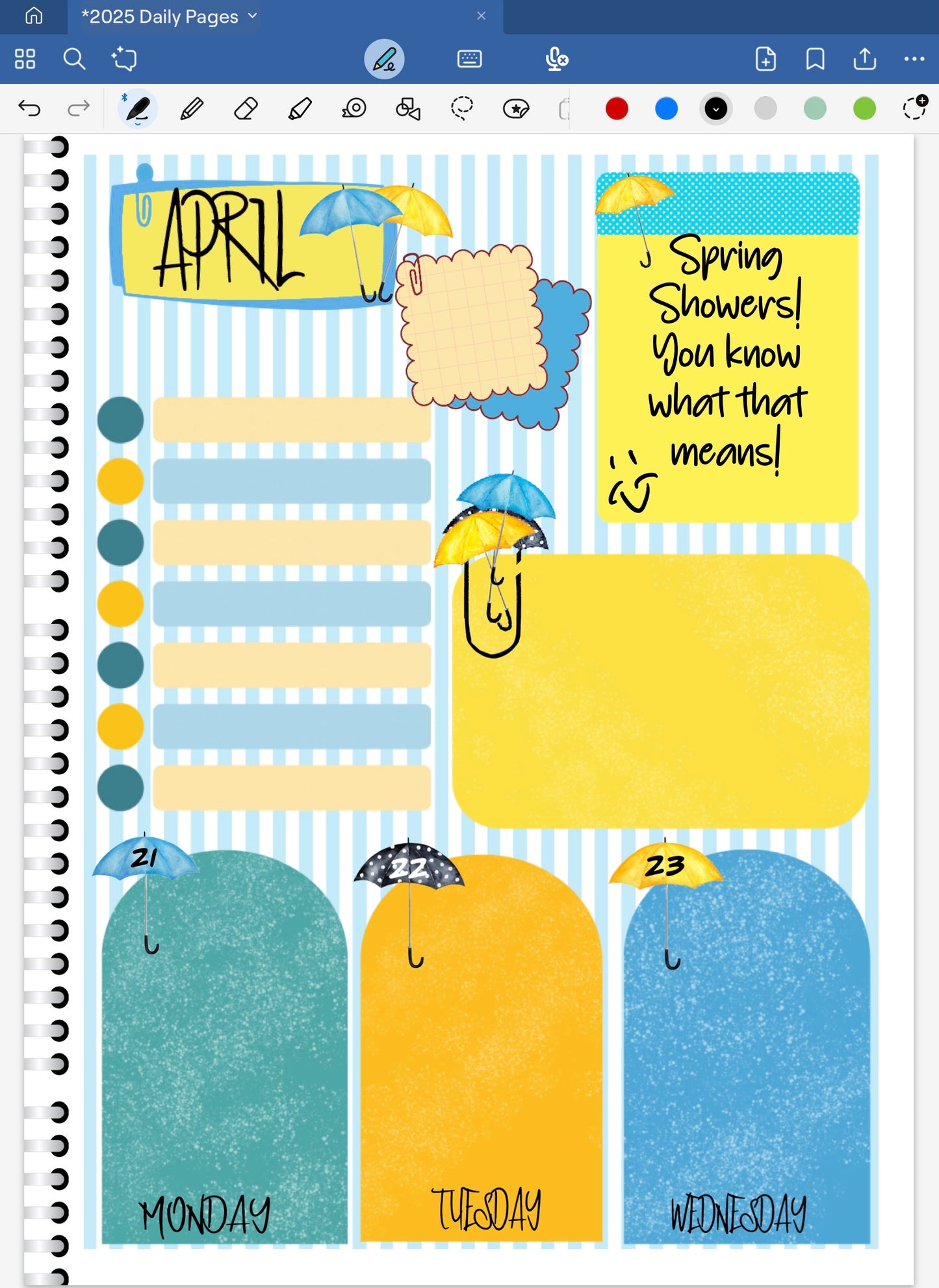 Goodnotes Digital Planner spread using on date dots, stickers and coordinated deco papers from the Spring Showers Digital Stickers Bundle.