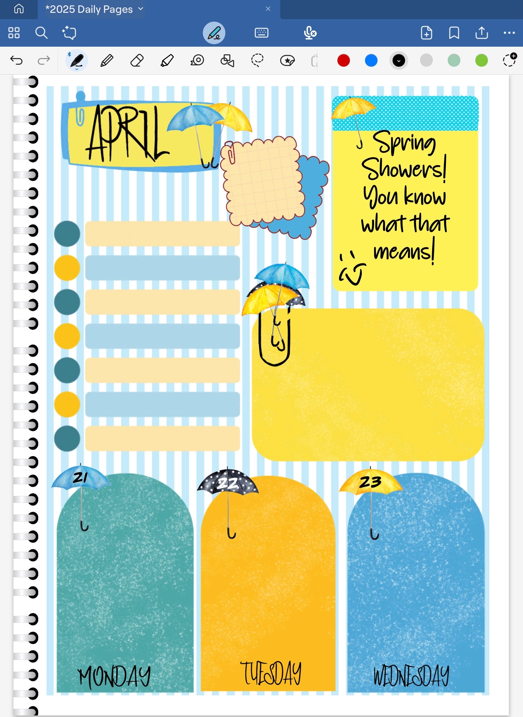 Goodnotes Digital Planner spread using on date dots, stickers and coordinated deco papers from the Spring Showers Digital Stickers Bundle.