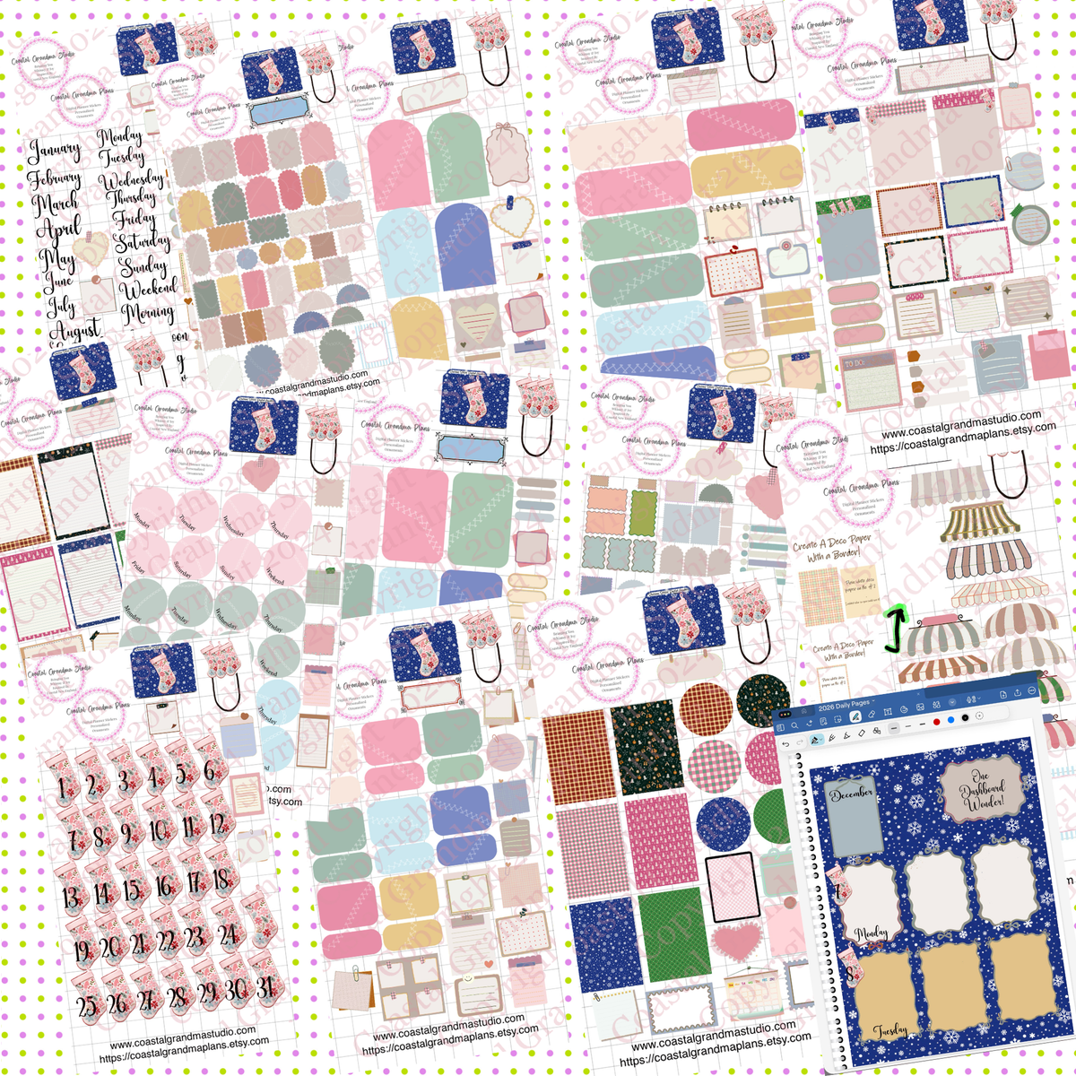 Stocking Stitch! GoodNotes Sticker Bundle – Digital Planner Stickers for iPad, Pre-Cropped Aesthetic Stickers Pack (9900-BU)